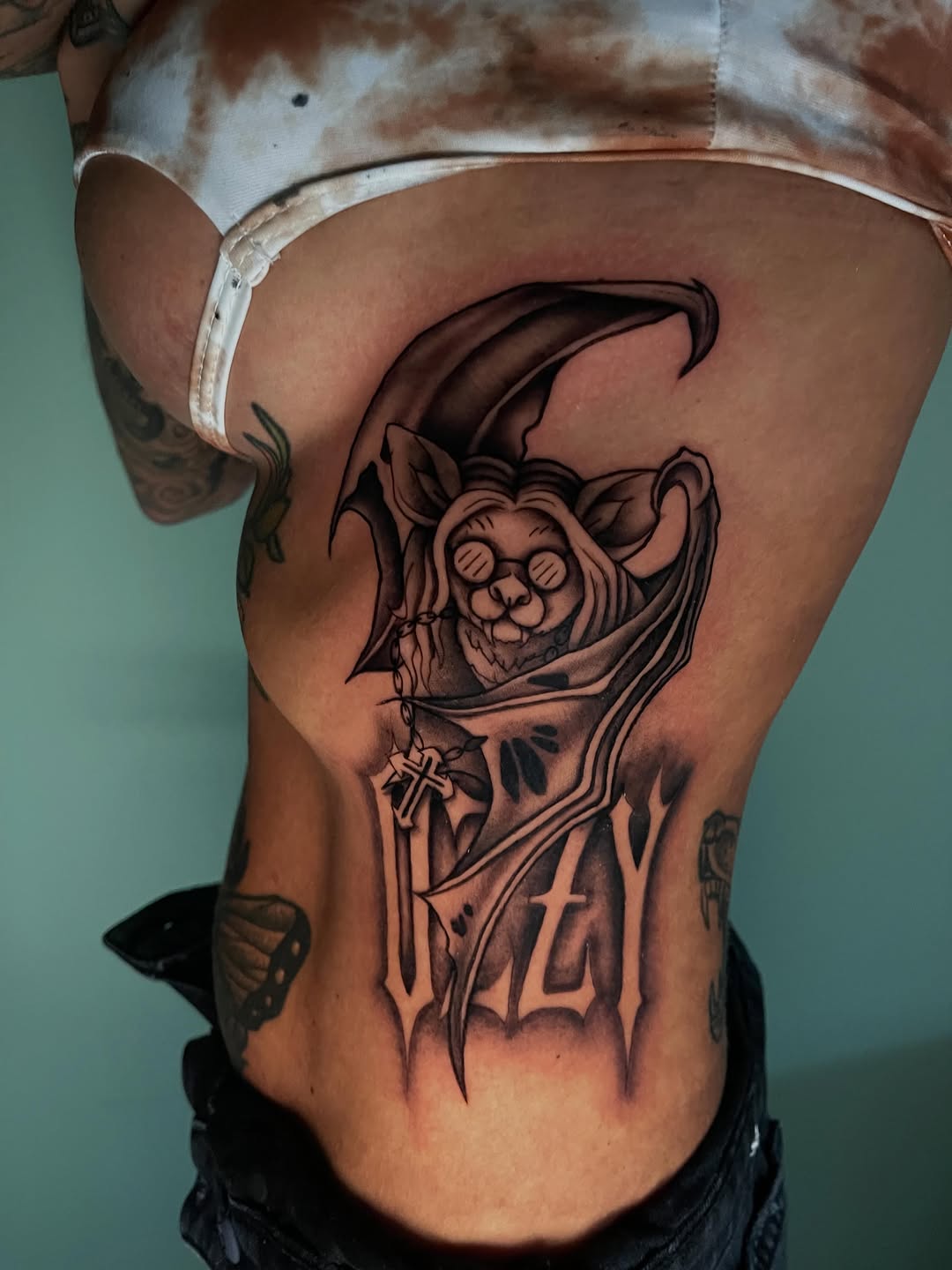 Tattoo by @therealdomgray β black_and_grey, lettering_script