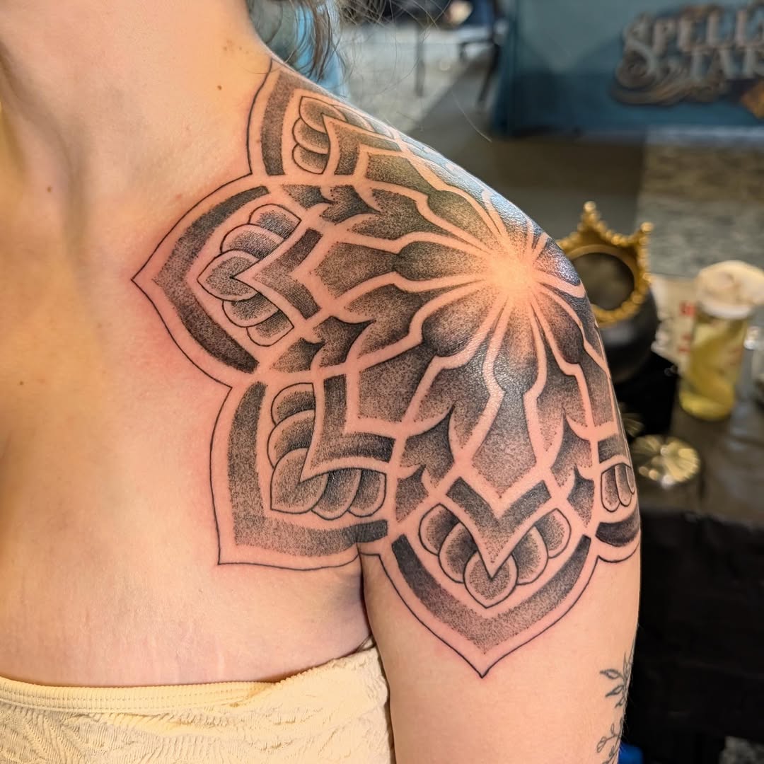 Tattoo by @heathstudiosandtattoo — dotwork, geometric