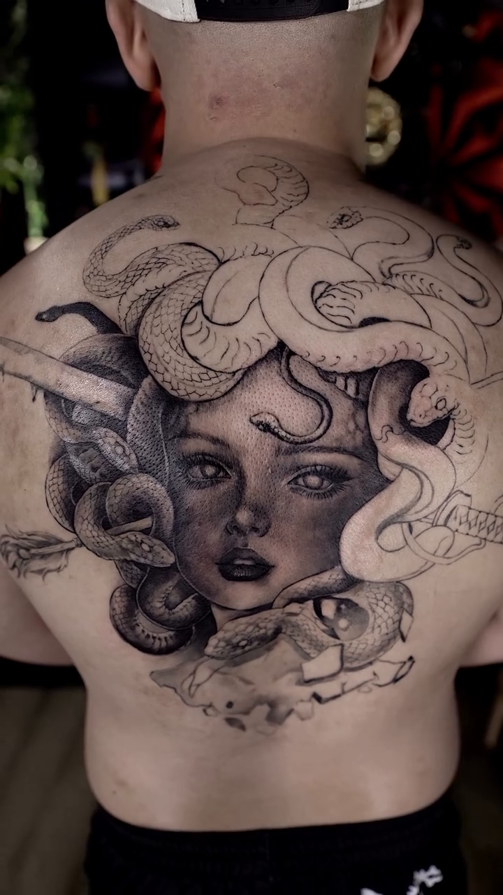 Medusa portrait with snakes realism tattoo by LaurenBeez
