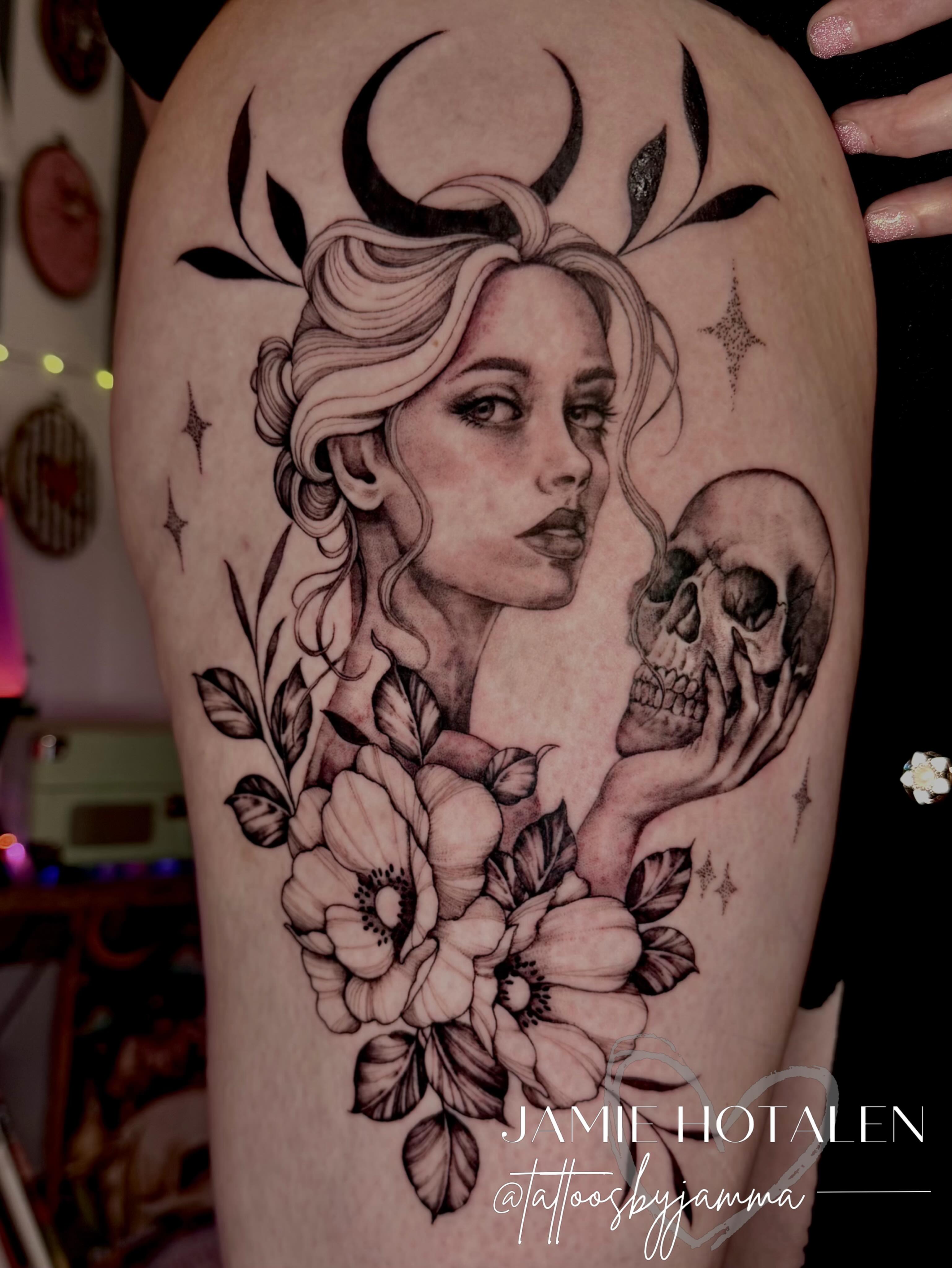 Woman with skull realism tattoo on the thigh by πππππππ π½π² ππππππ π°πππππ π πΉππππ π·ππππππβ¨