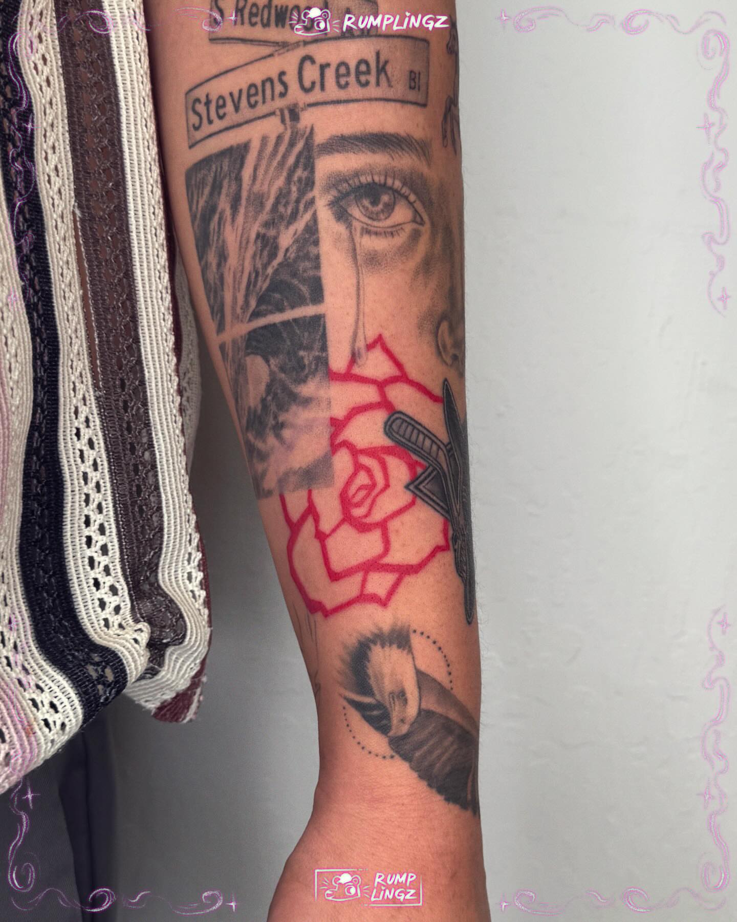 Woman's face with rose realism tattoo on the forearm by 💗Rin tattoos💗