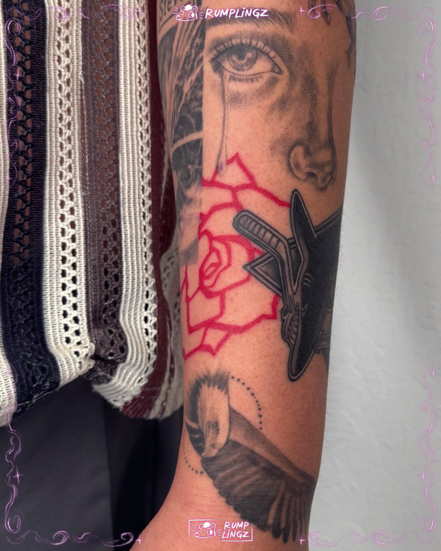 Portrait with rose and gun realism tattoo on the forearm by 💗Rin tattoos💗
