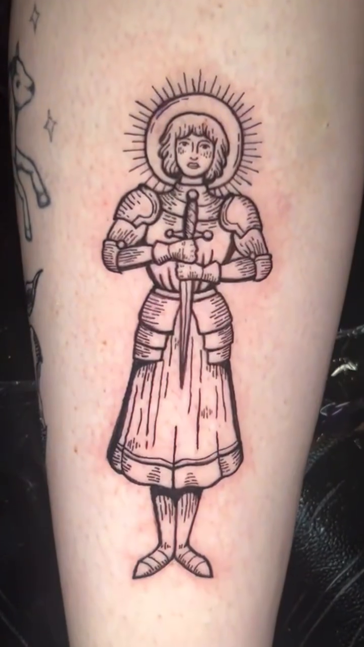 Saint Joan of Arc realism tattoo on the forearm by Laura🦋