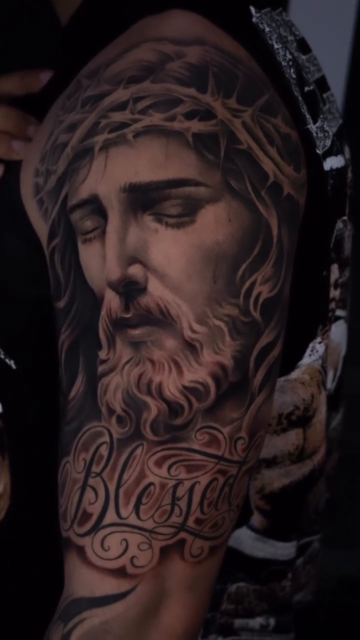 Jesus Christ and lettering realism tattoo by Anthony Maya