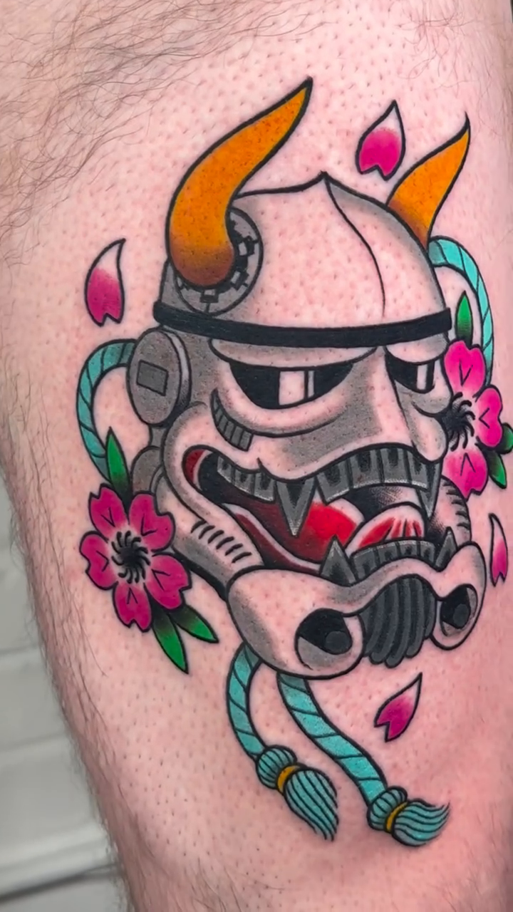 Stormtrooper Oni mask American traditional tattoo on the forearm by Alex Passapera