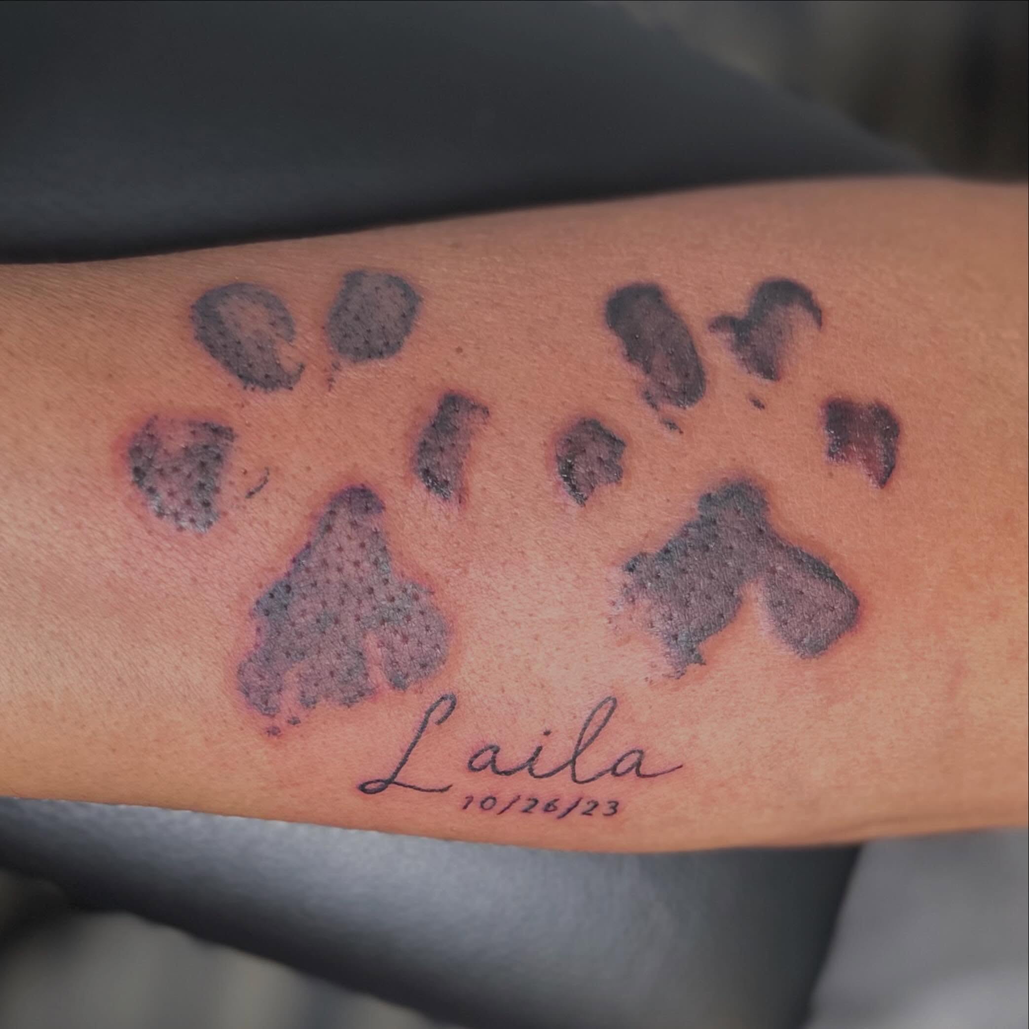 Dog paw prints dotwork tattoo on the forearm by Zen Forbes