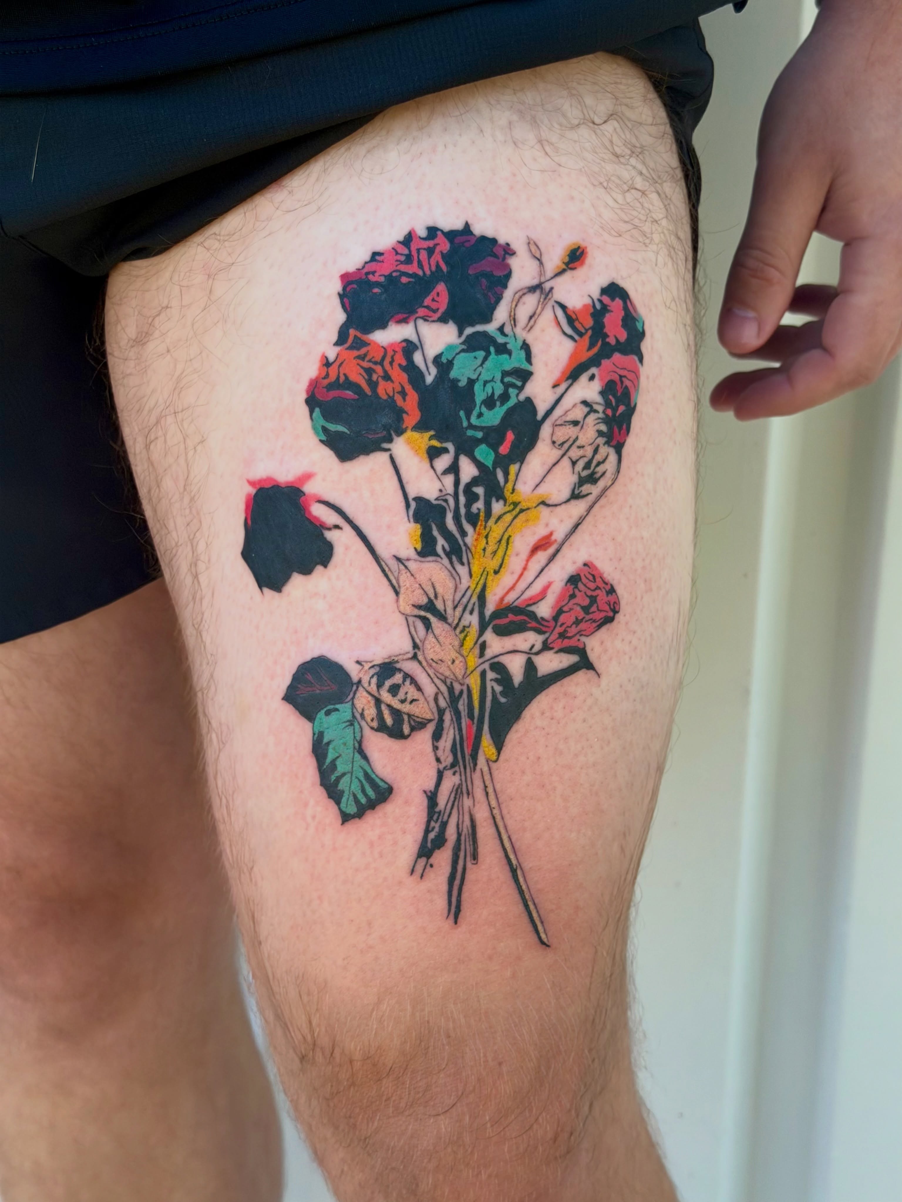 Roses new school tattoo on the thigh by Caitlynn Austin