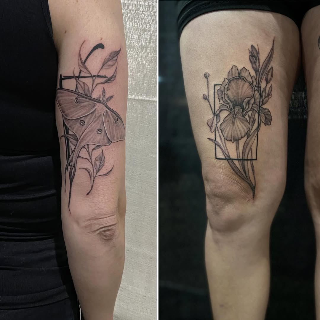 Moth and iris flower fine line tattoo on the forearm by Dana Jones