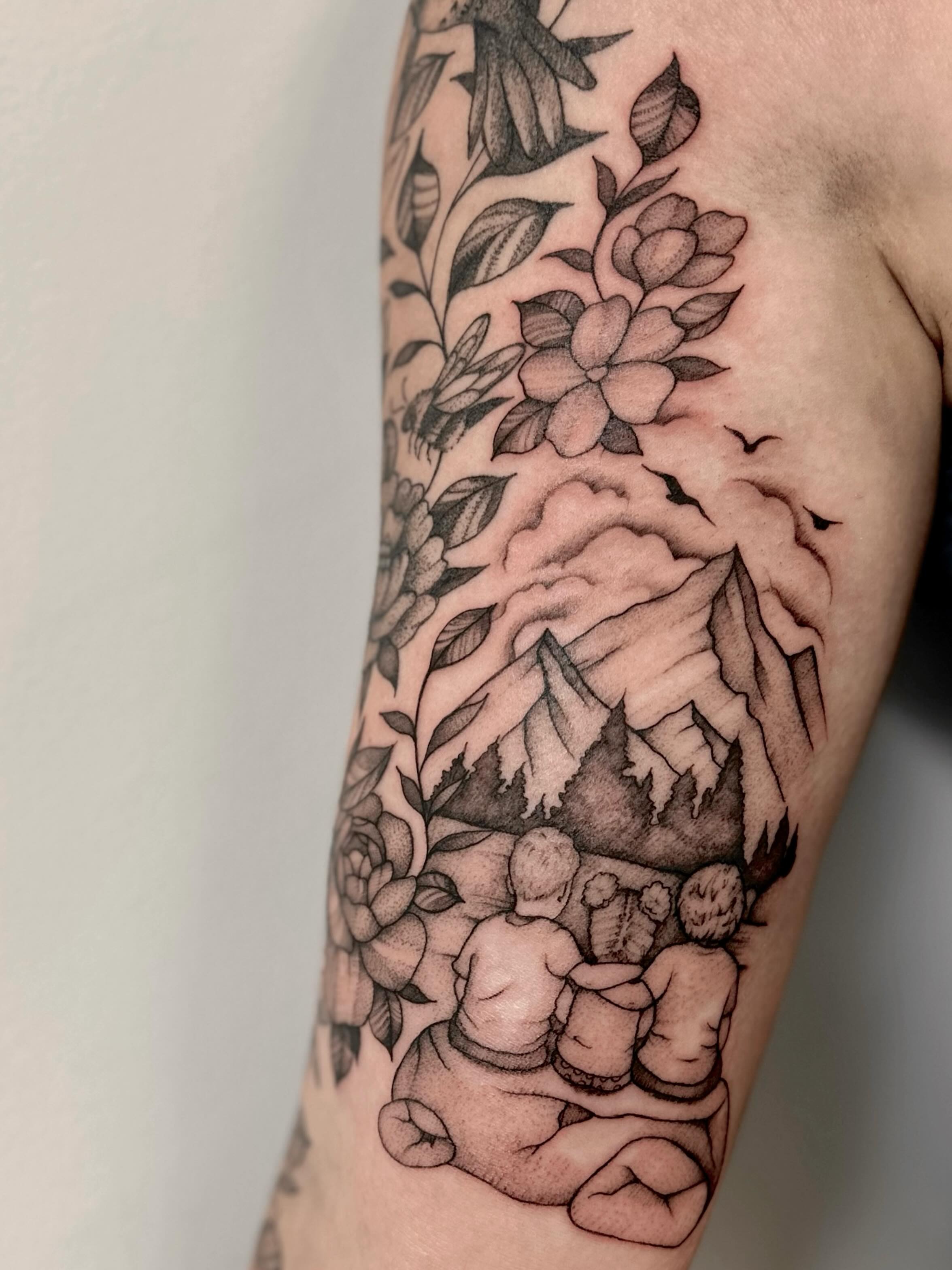 Tattoo by @shroomgrrrl — black_and_grey, realism