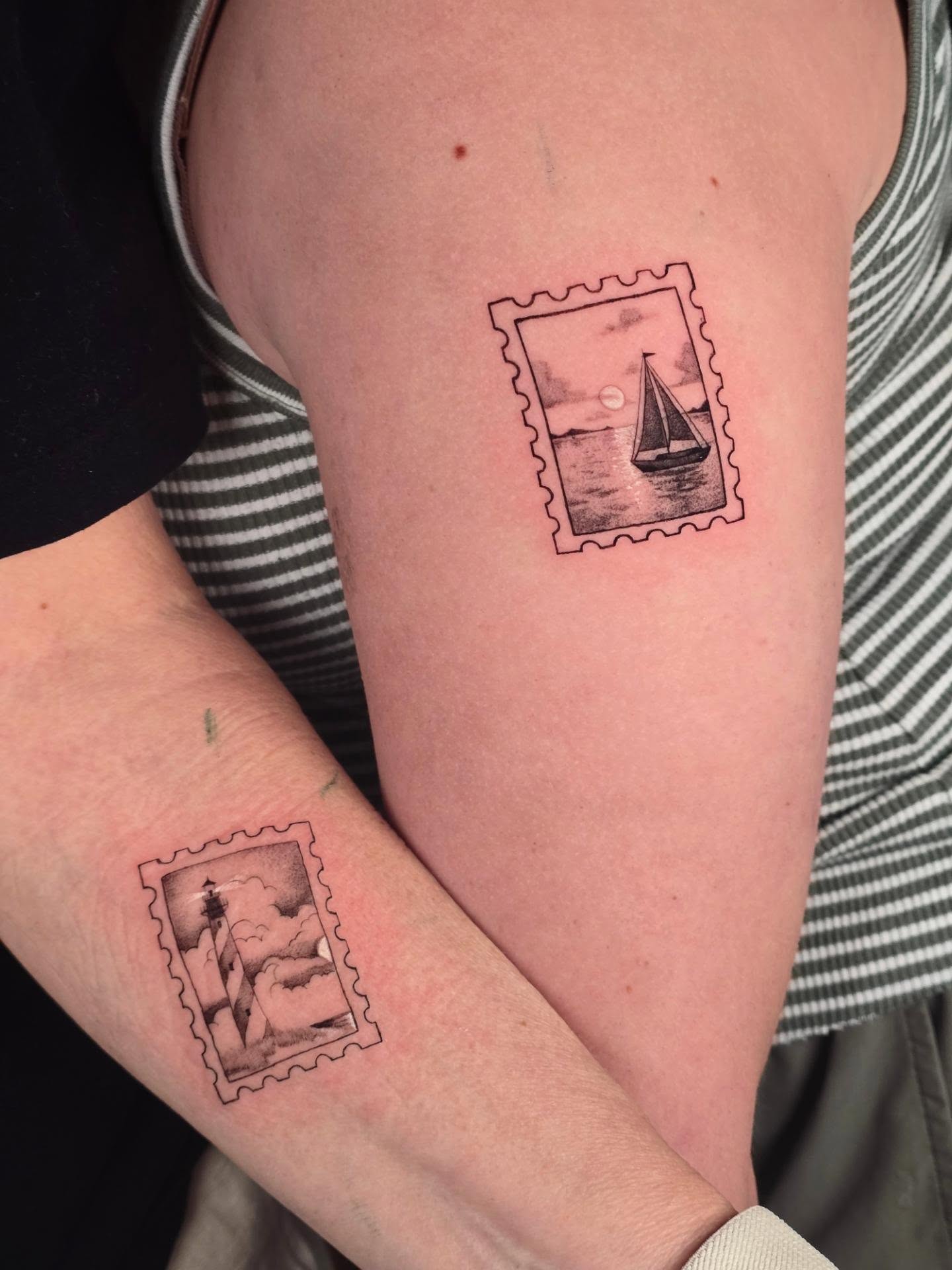 Postage stamp black and grey tattoo on the forearm by Scribbles (Teala René), Charlotte, North Carolina