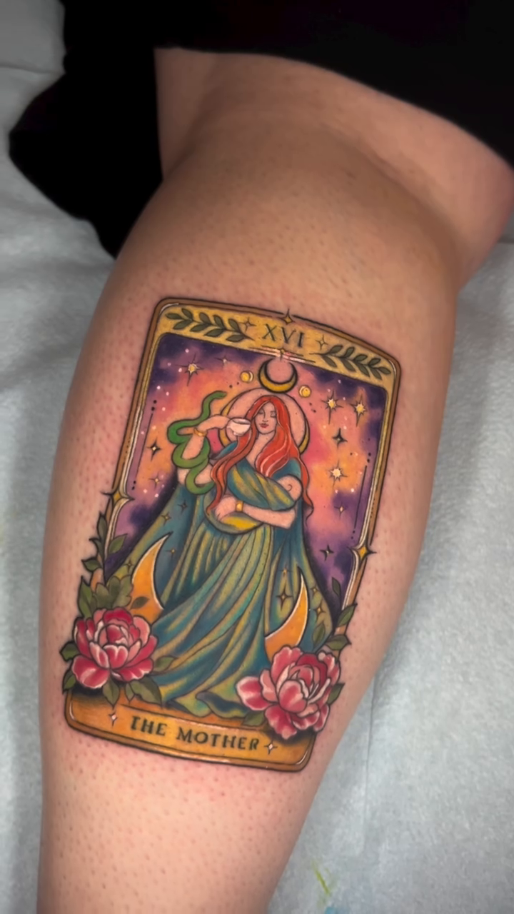 The Mother tarot card neo-traditional tattoo on the forearm by High Vibrations