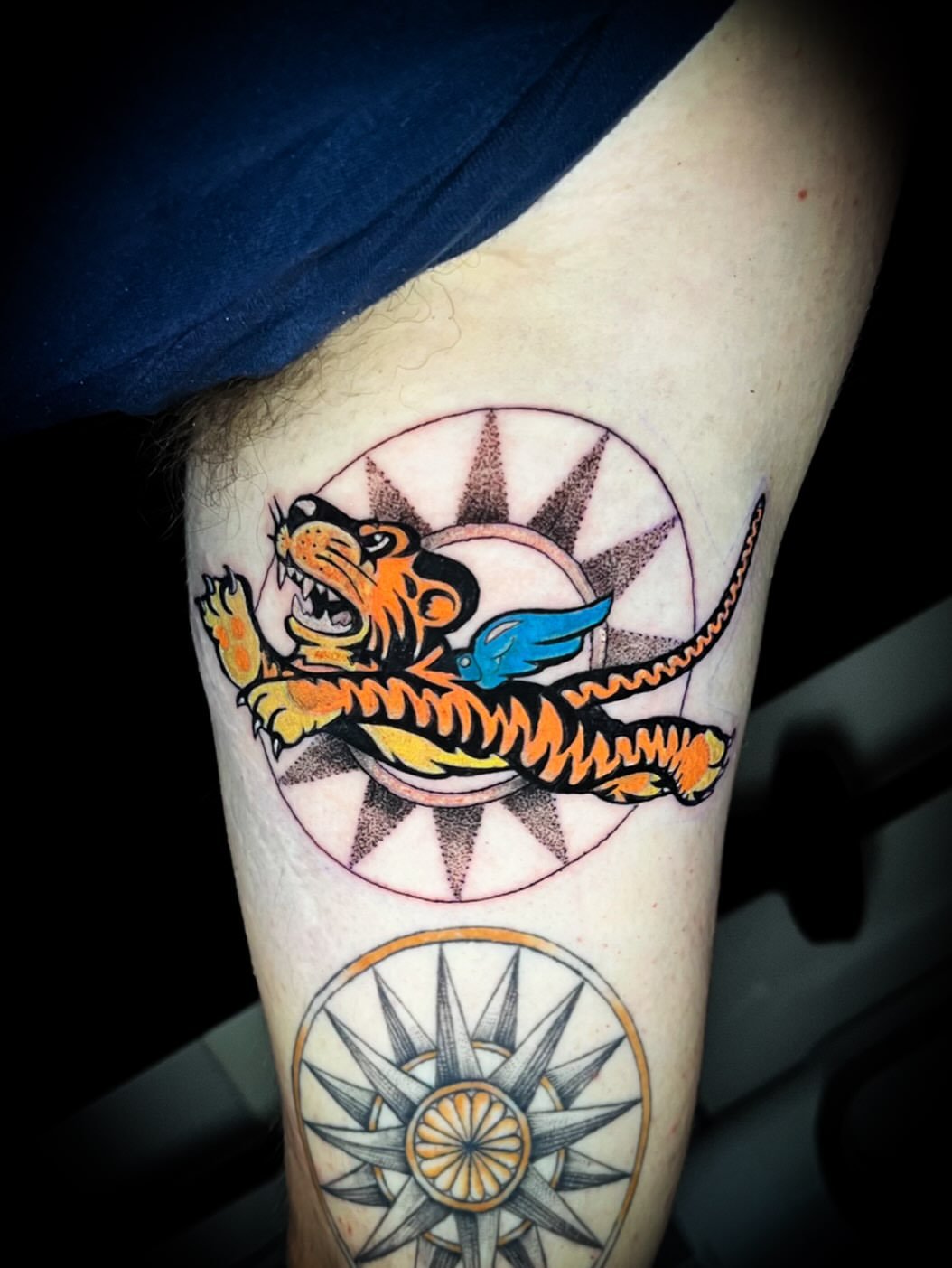 Tiger dotwork tattoo on the thigh by Lindsay Fernandez, Colorado Springs, Colorado