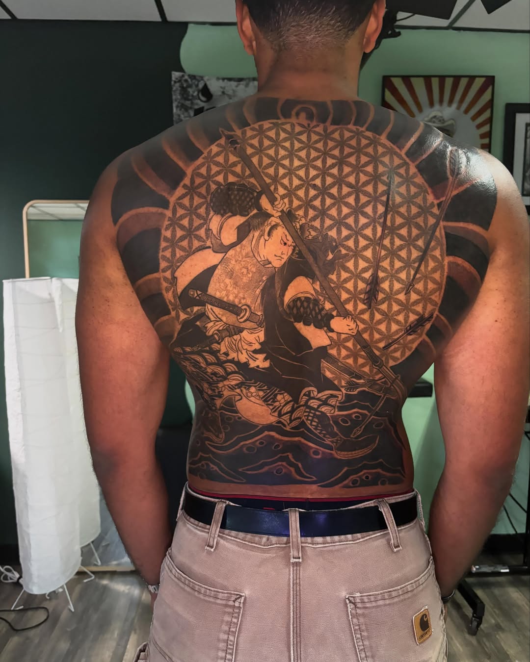 Samurai warrior in water Japanese tattoo on the back by @seibastattoos, Virginia Beach, Virginia