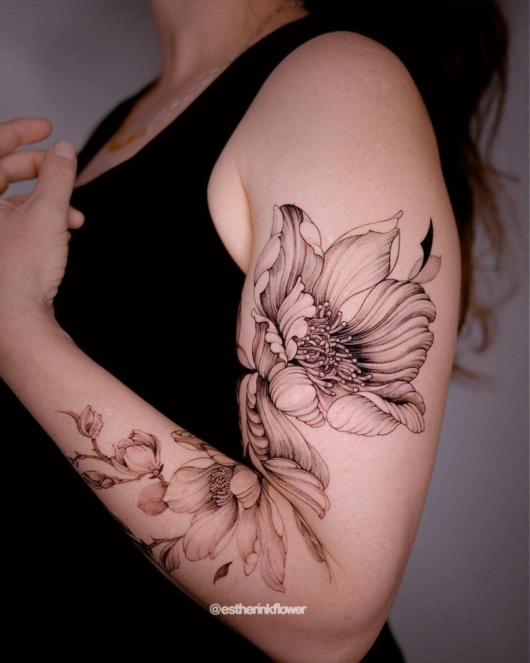 Floral arrangement fine line tattoo on the shoulder by Esther ✣ Fine Line Floral Tattoo Artist LA, Los Angeles, California
