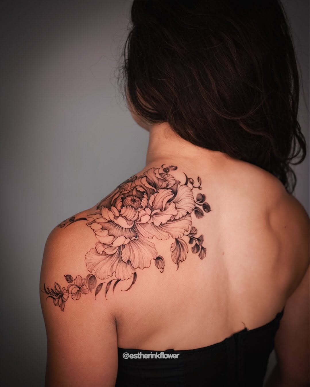 Peony and floral arrangement fine line tattoo on the shoulder by Esther ✣ Fine Line Floral Tattoo Artist LA, Los Angeles, California