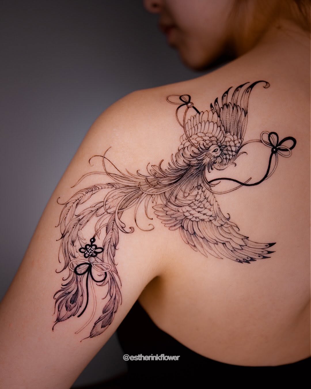 Phoenix with knots and ribbons fine line tattoo on the shoulder by Esther ✣ Fine Line Floral Tattoo Artist LA, Los Angeles, California