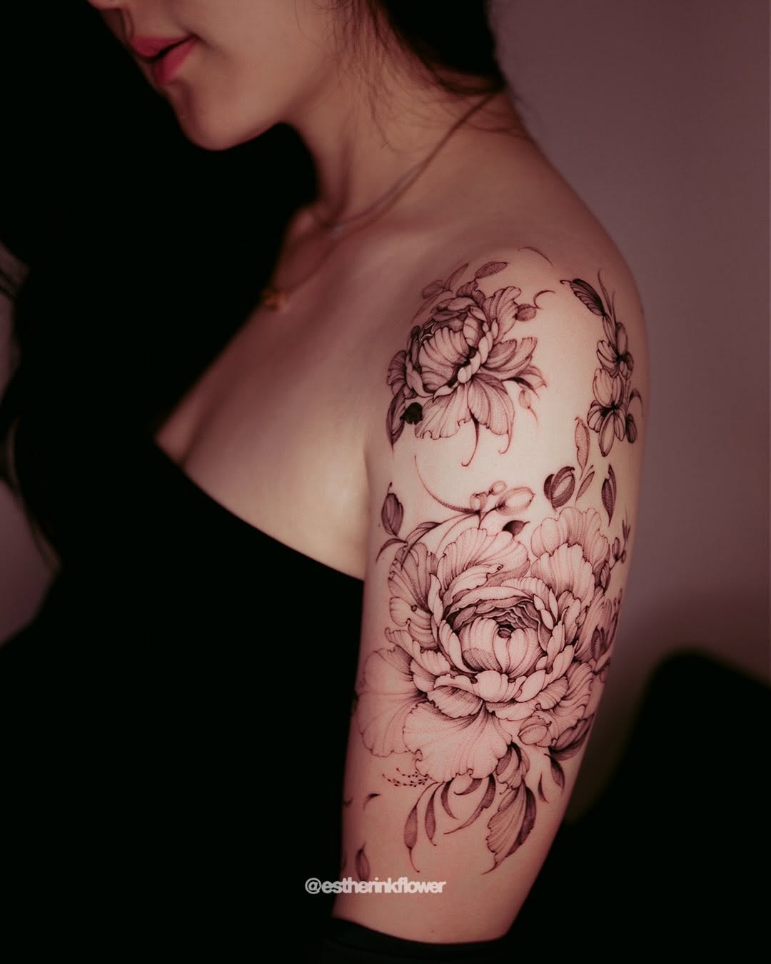 Peony flowers fine line tattoo on the shoulder by Esther ✣ Fine Line Floral Tattoo Artist LA, Los Angeles, California