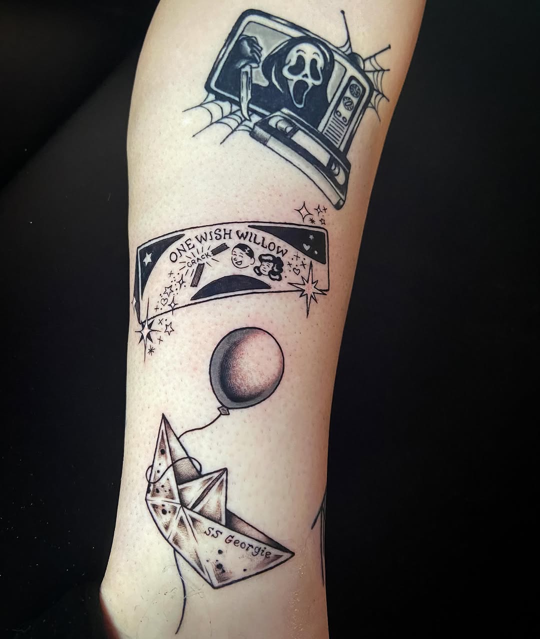 Horror movie references minimalist tattoo on the forearm by โ๏ธ ๐๐ฎ๐ฐ๐ธ๐ถ๐ฒ โ๏ธ
