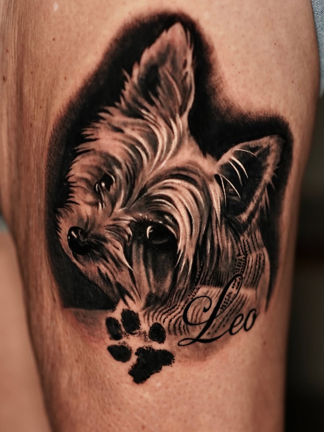 Realism tattoo on the thigh by Joshua Phillips, Mansfield, Ohio