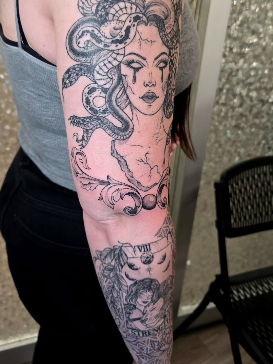 Medusa and Strength tarot card realism tattoo on the forearm by Hope 🌙, Cincinnati