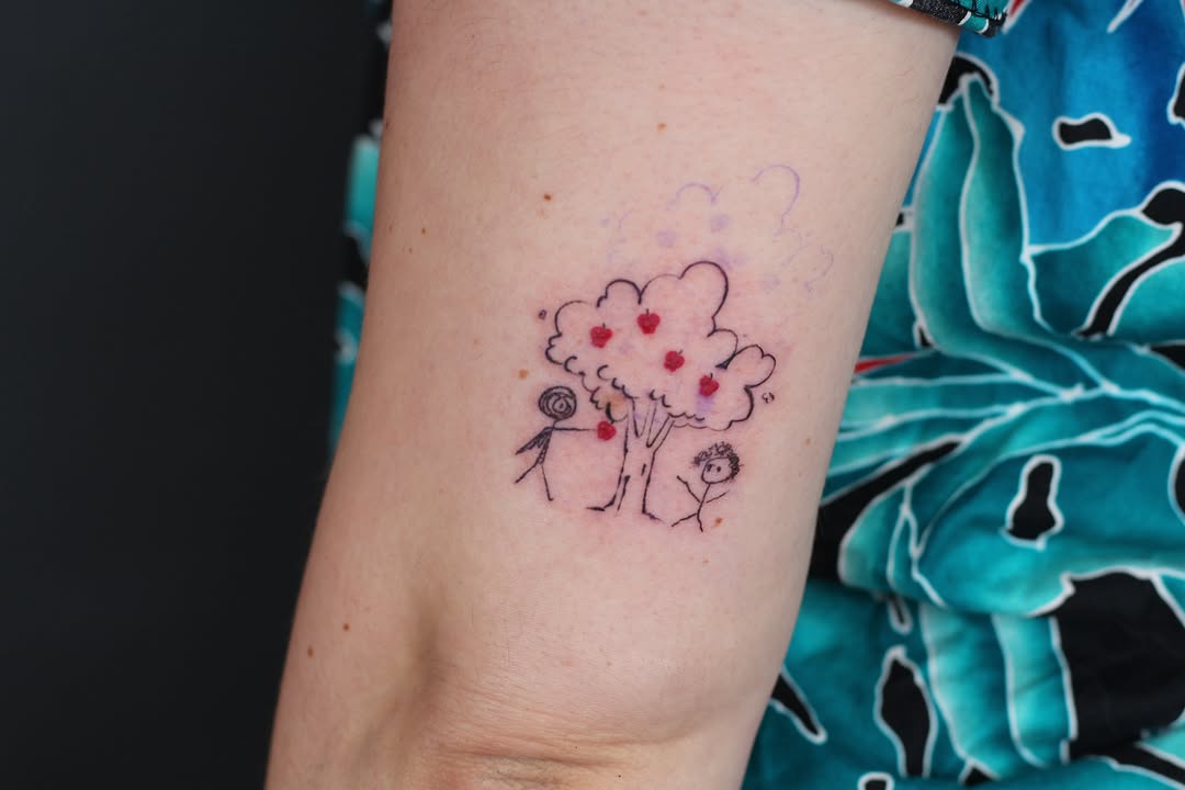 Apple tree with children dotwork tattoo on the forearm by Stephany Victorine