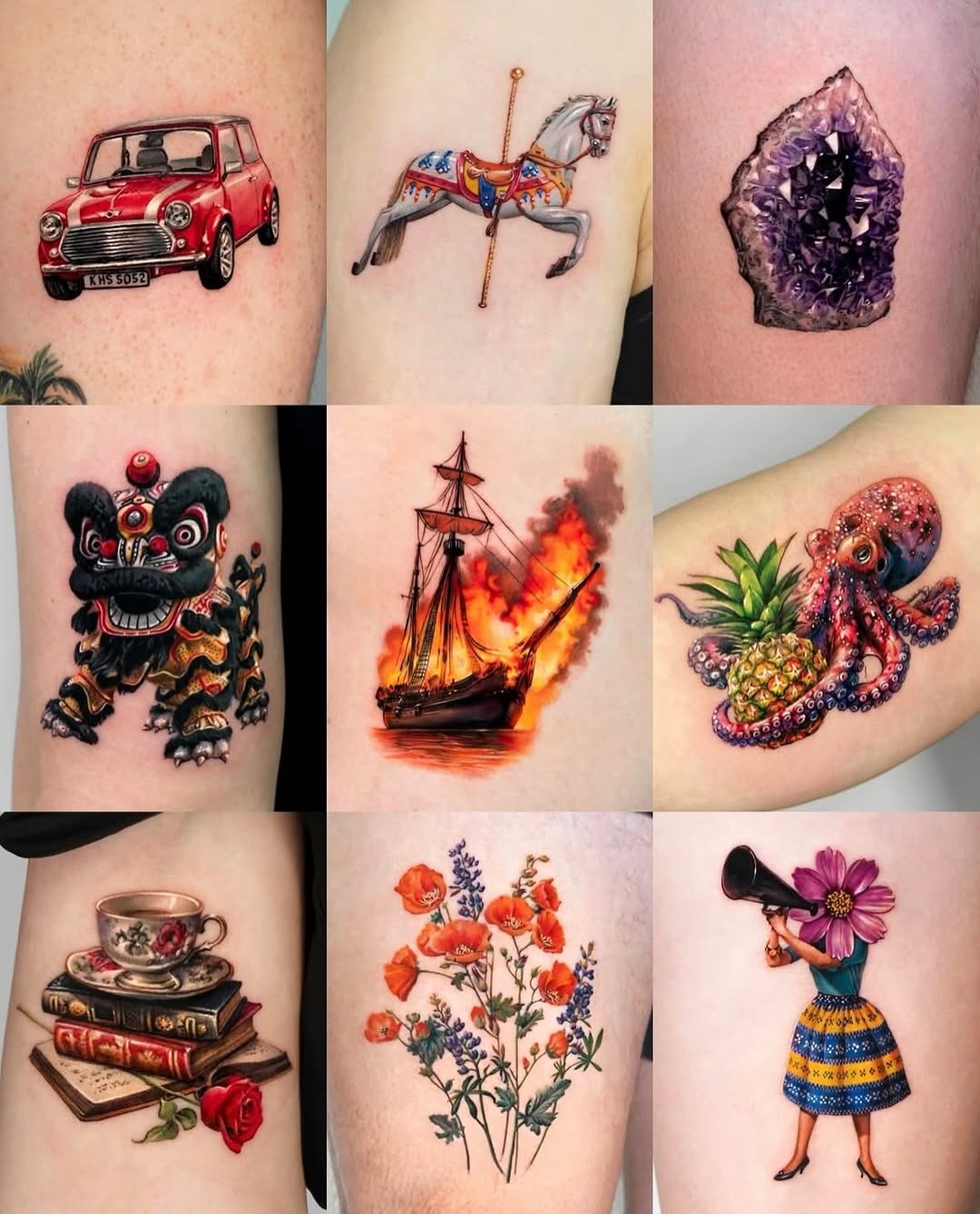 Red mini cooper car watercolor tattoo on the forearm by Tattooist HARRY COLOR