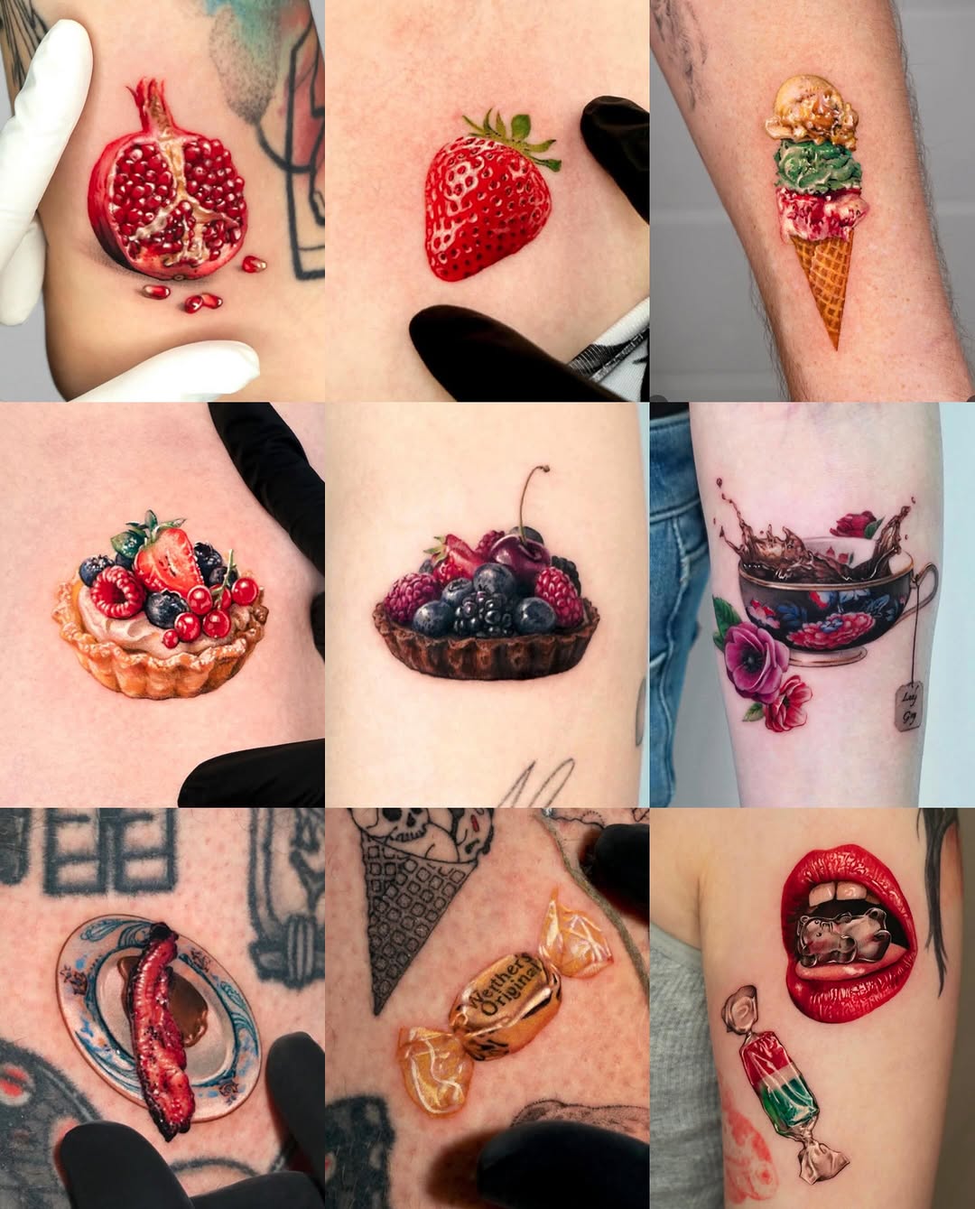 Food and drink collage watercolor tattoo on the upper arm by Tattooist HARRY COLOR