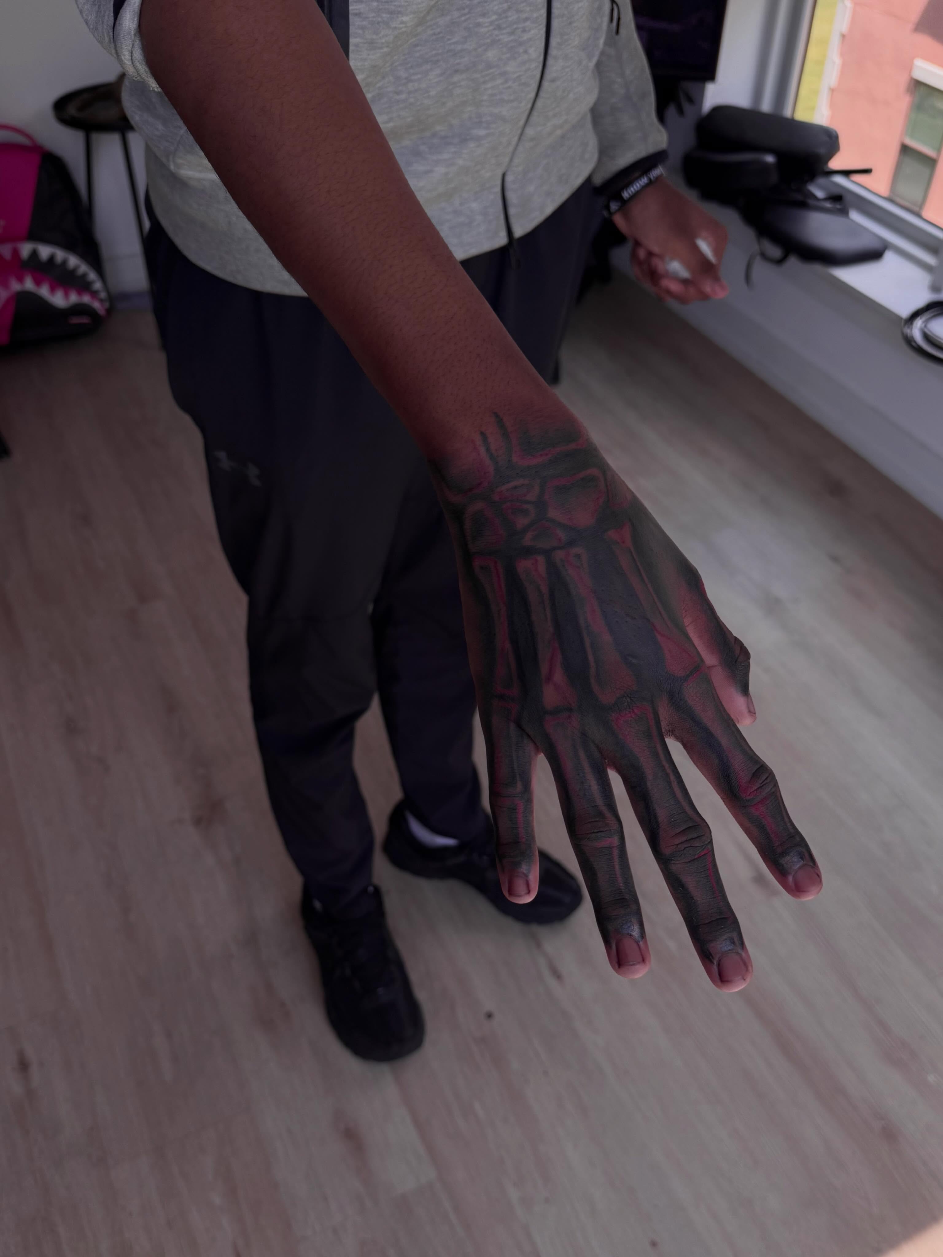 Skeleton hand geometric tattoo on the hand by inkedbylii, Philadelphia, Pennsylvania