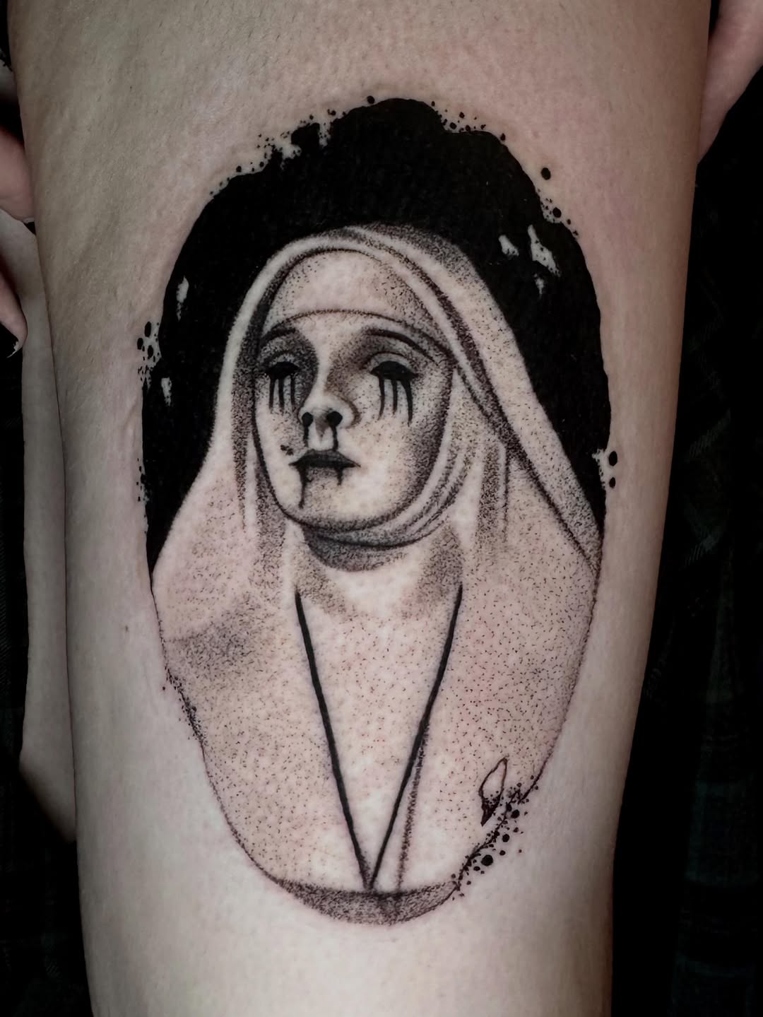 Tattoo by @morgue.in.tattoos — dotwork, black_and_grey