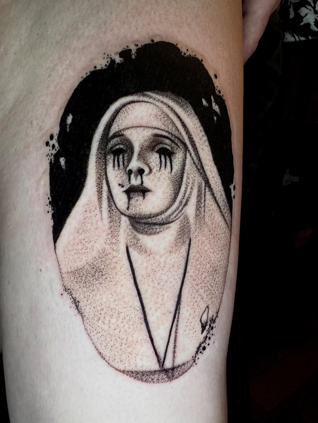 Tattoo by @morgue.in.tattoos — dotwork, black_and_grey