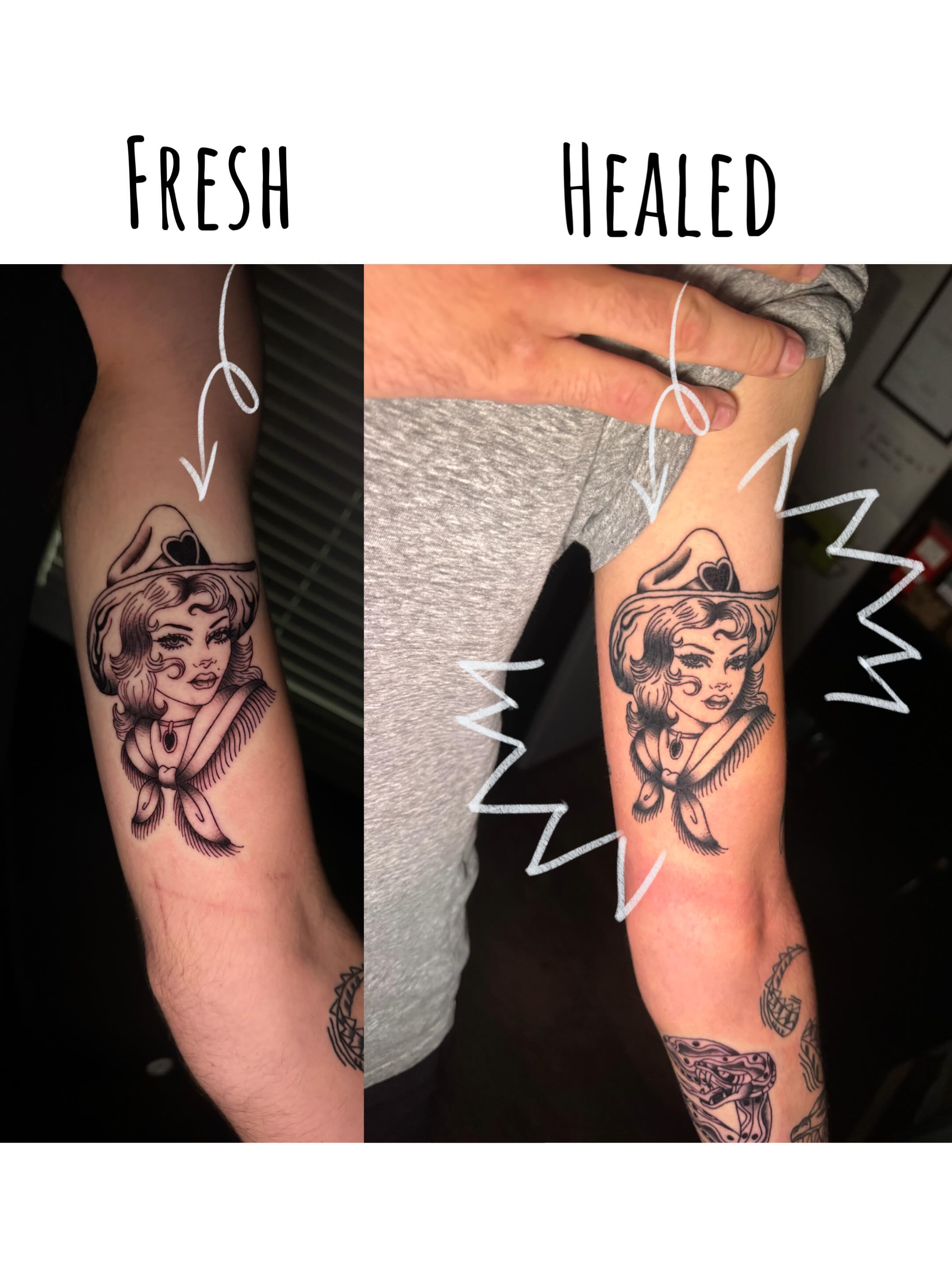 Pin-up girl black and grey tattoo on the forearm by Delaney Cooper