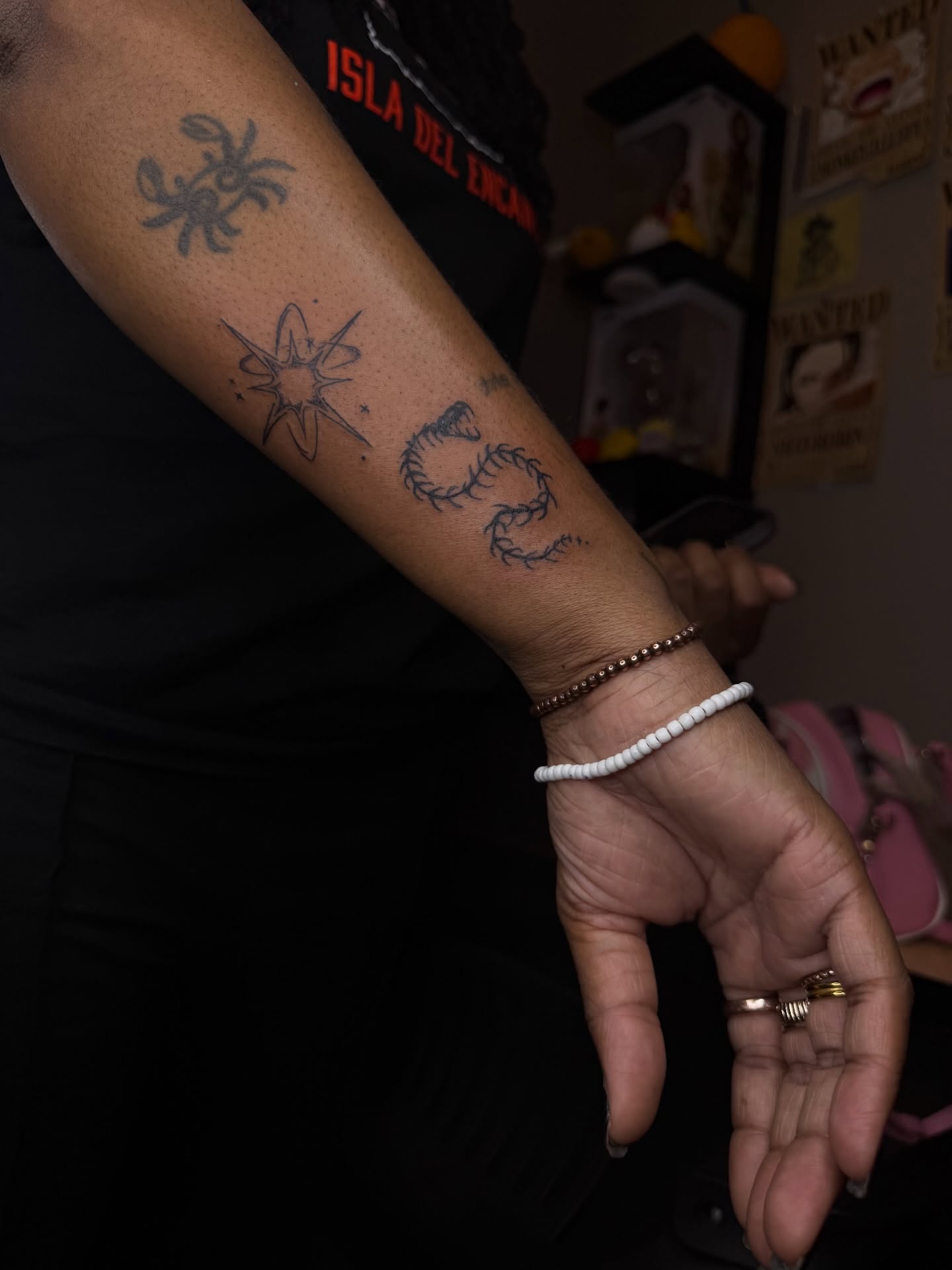 Star and scorpion black and grey tattoo on the forearm by Room 707 Tattoo 🍰🍓