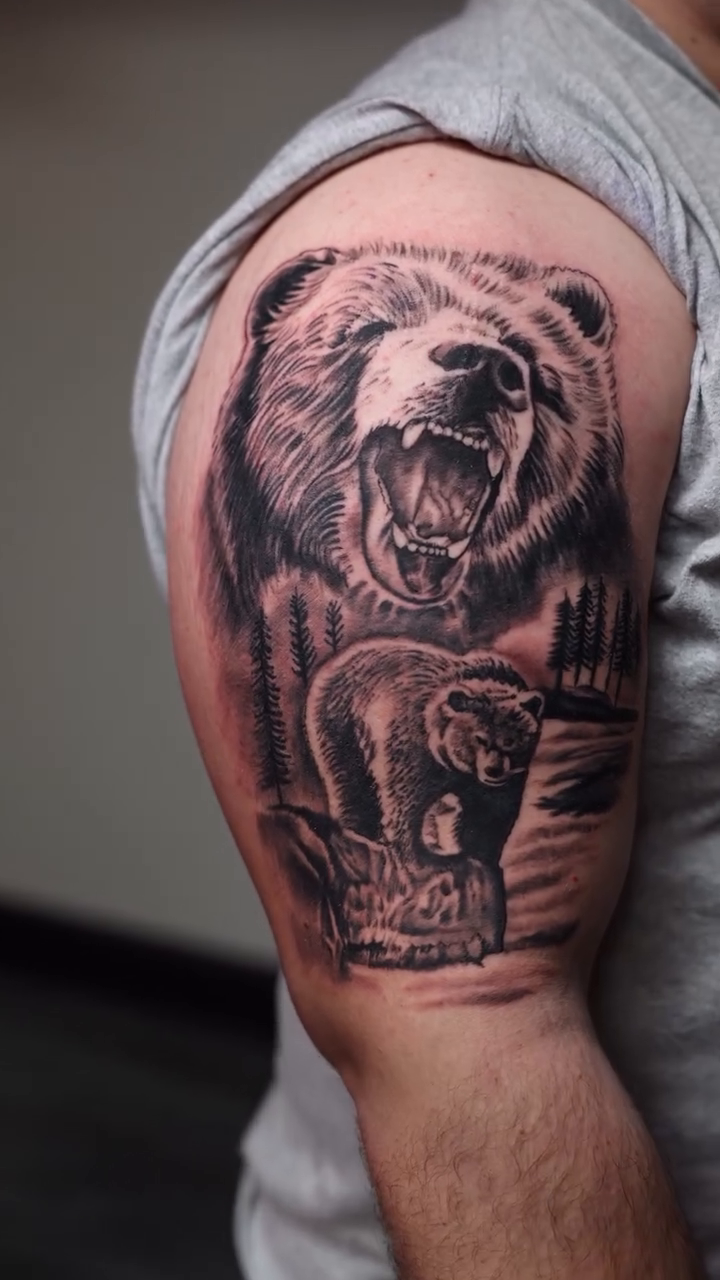 Bear and cub realism tattoo on the upper arm by InkbyEase, Wayne, New Jersey