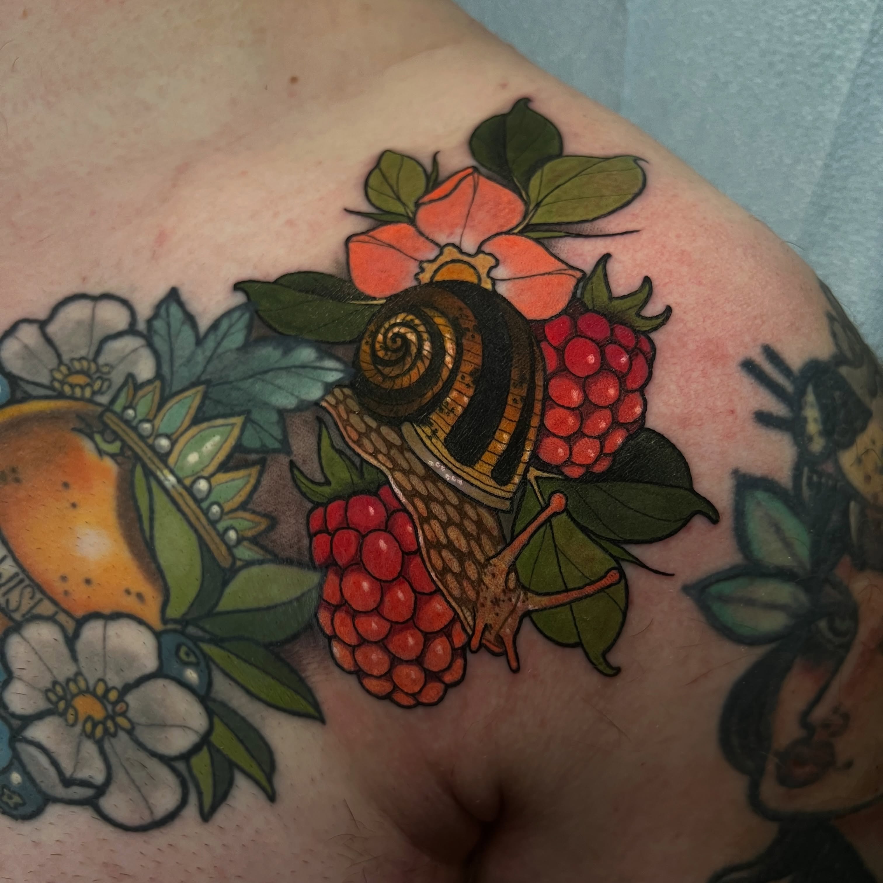 Snail and berries American traditional tattoo on the shoulder by Rennie Tattoo