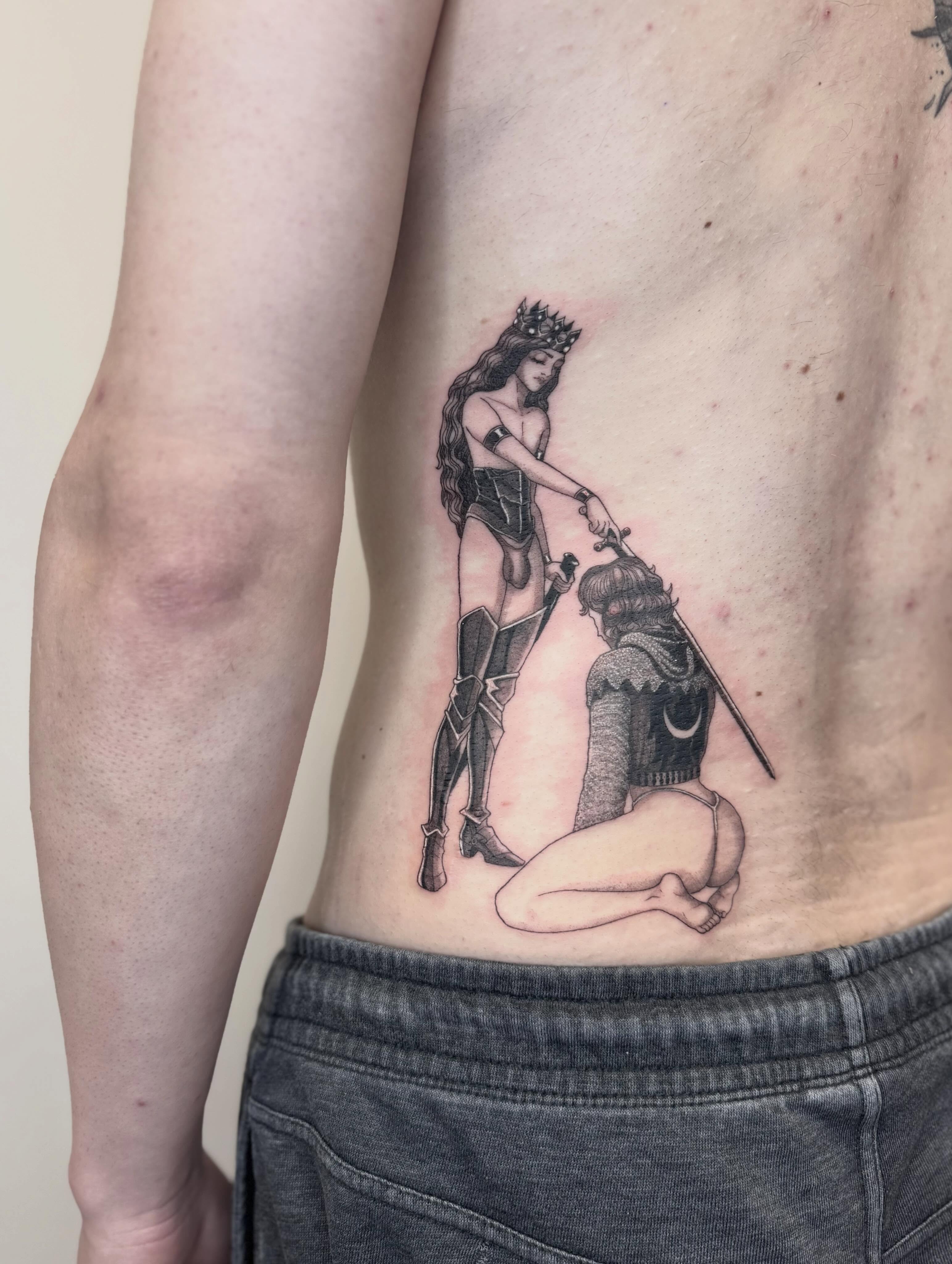 Woman and man black and grey tattoo on the ribs by Em Krieg