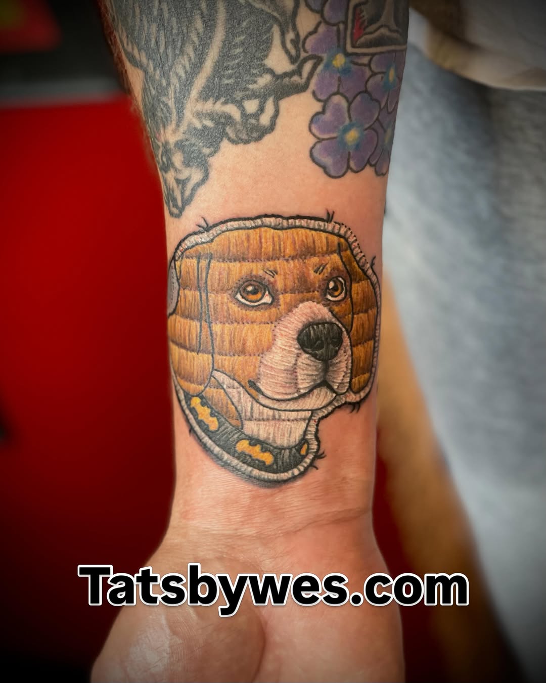Dog wearing astronaut helmet realism tattoo on the forearm by 𝐖𝐄𝐒