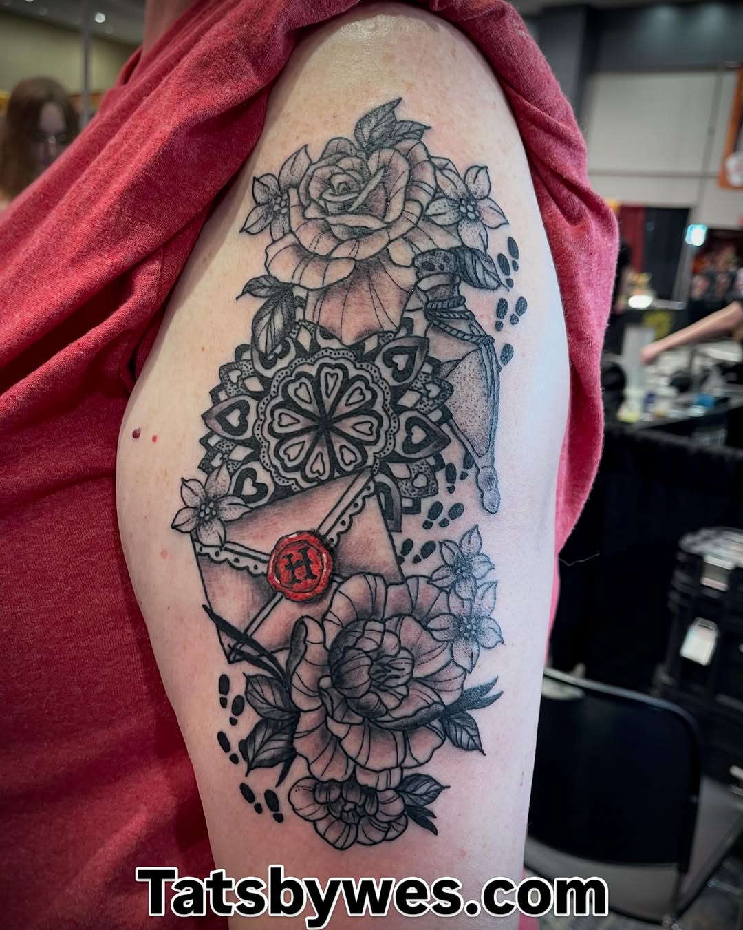 Floral arrangement geometric tattoo on the shoulder by 𝐖𝐄𝐒