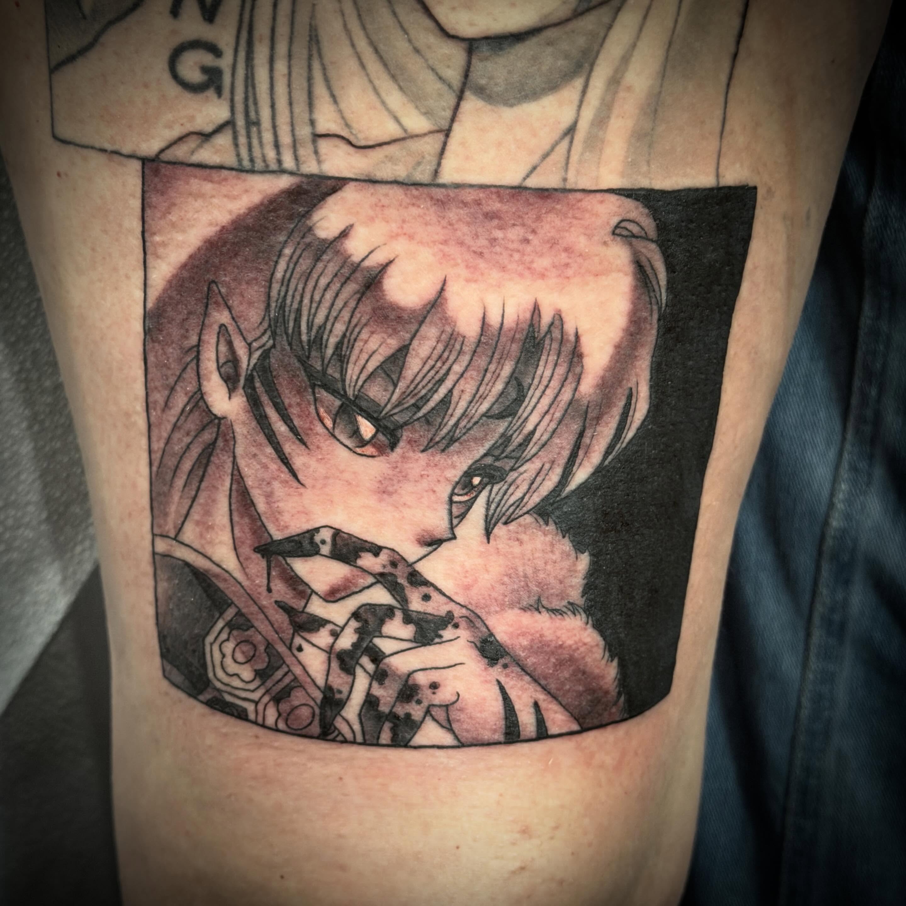 Anime character anime tattoo on the thigh by Cory Haberman