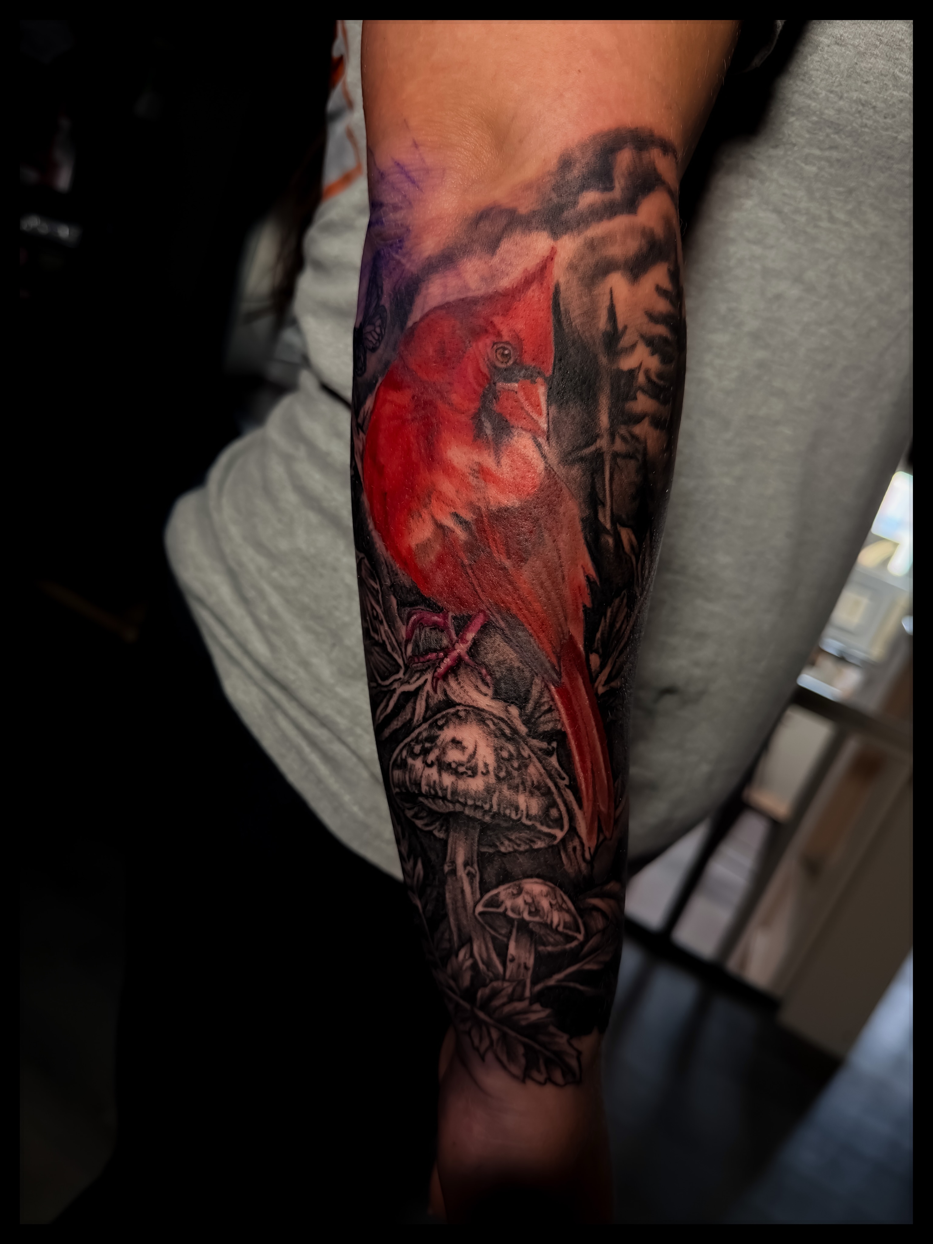 Cardinal bird realism tattoo on the forearm by Noah Morris