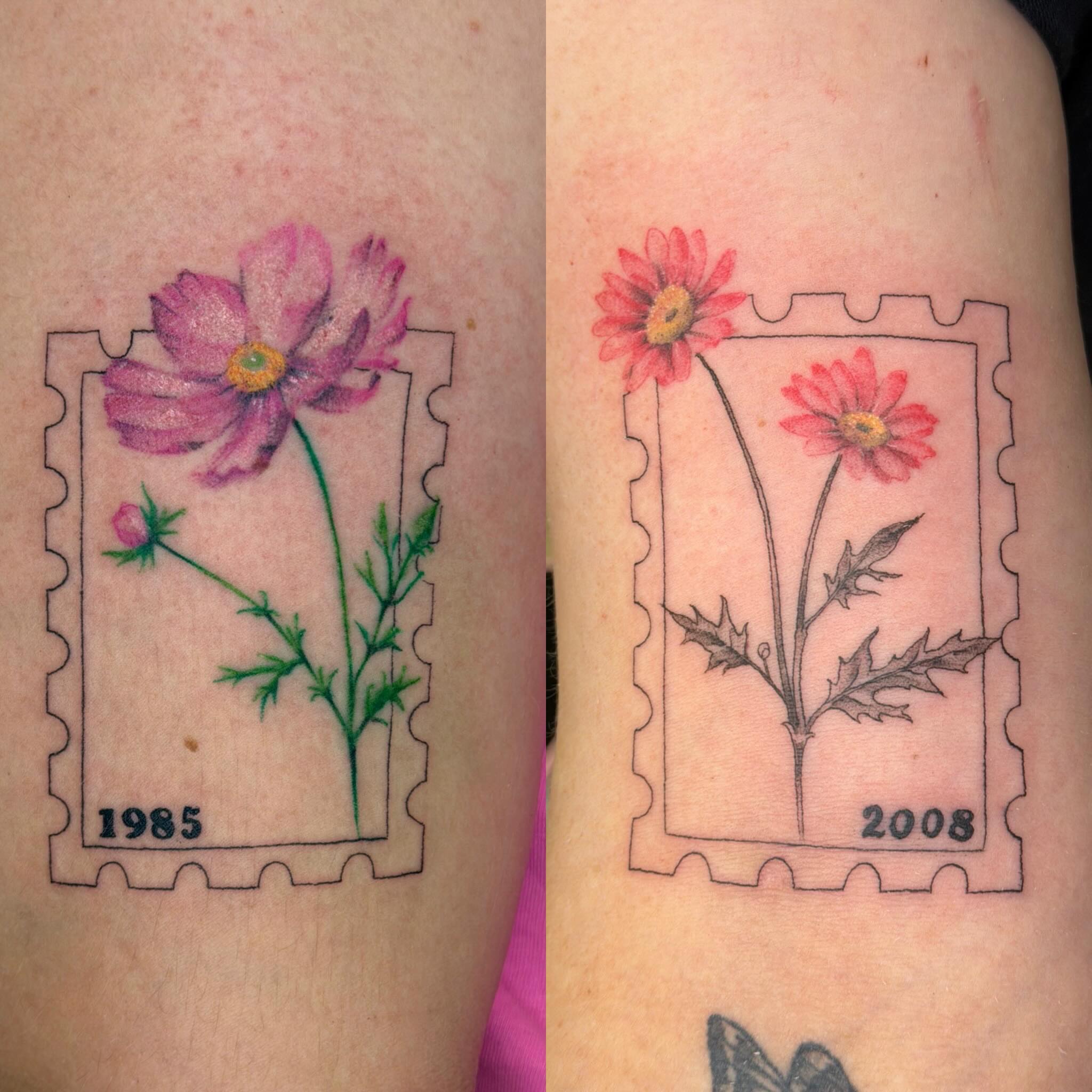 Flower stamp realism tattoo on the forearm by Stvn Geyer, Urbandale, Iowa