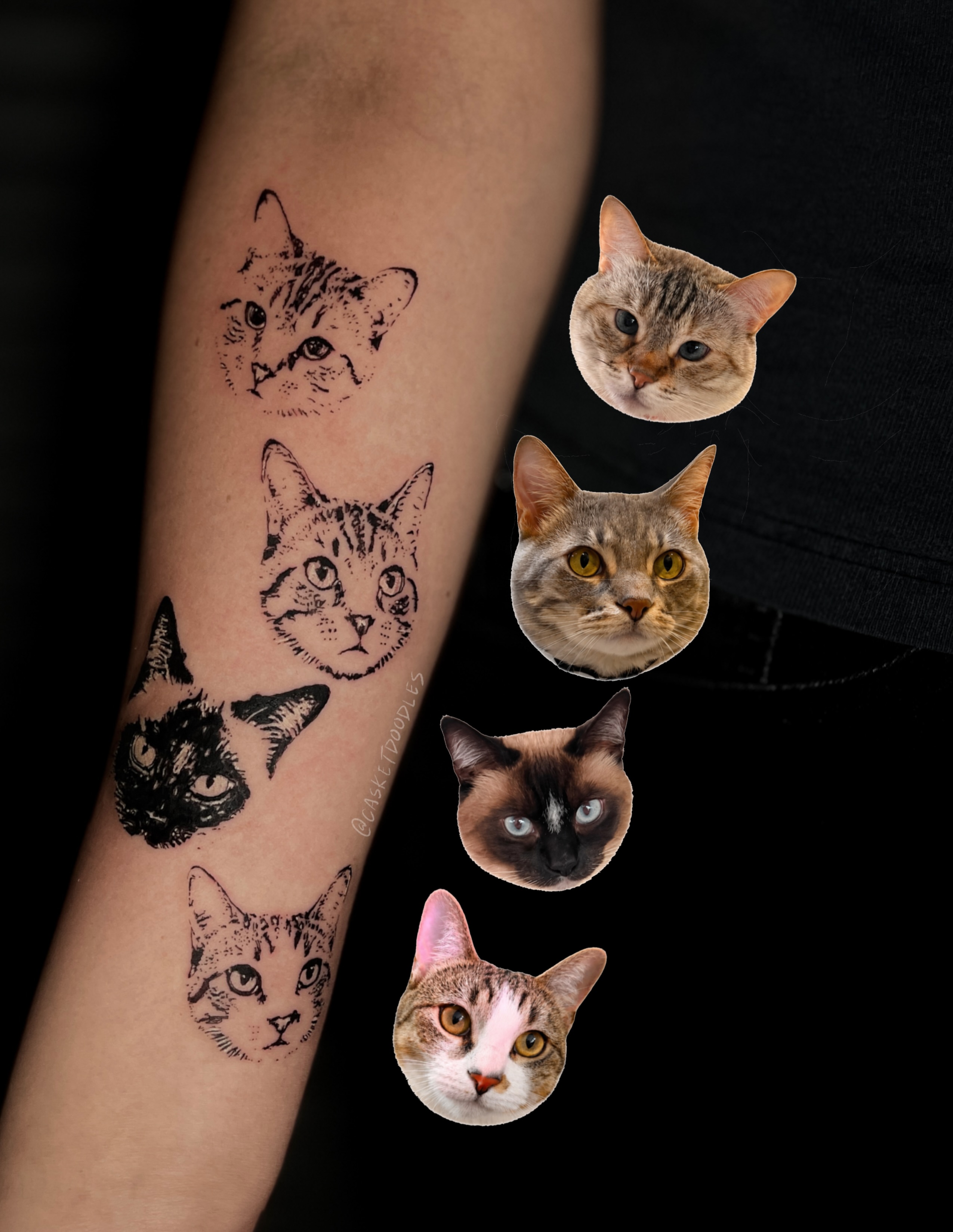 Cat faces black and grey tattoo on the forearm by clarissa