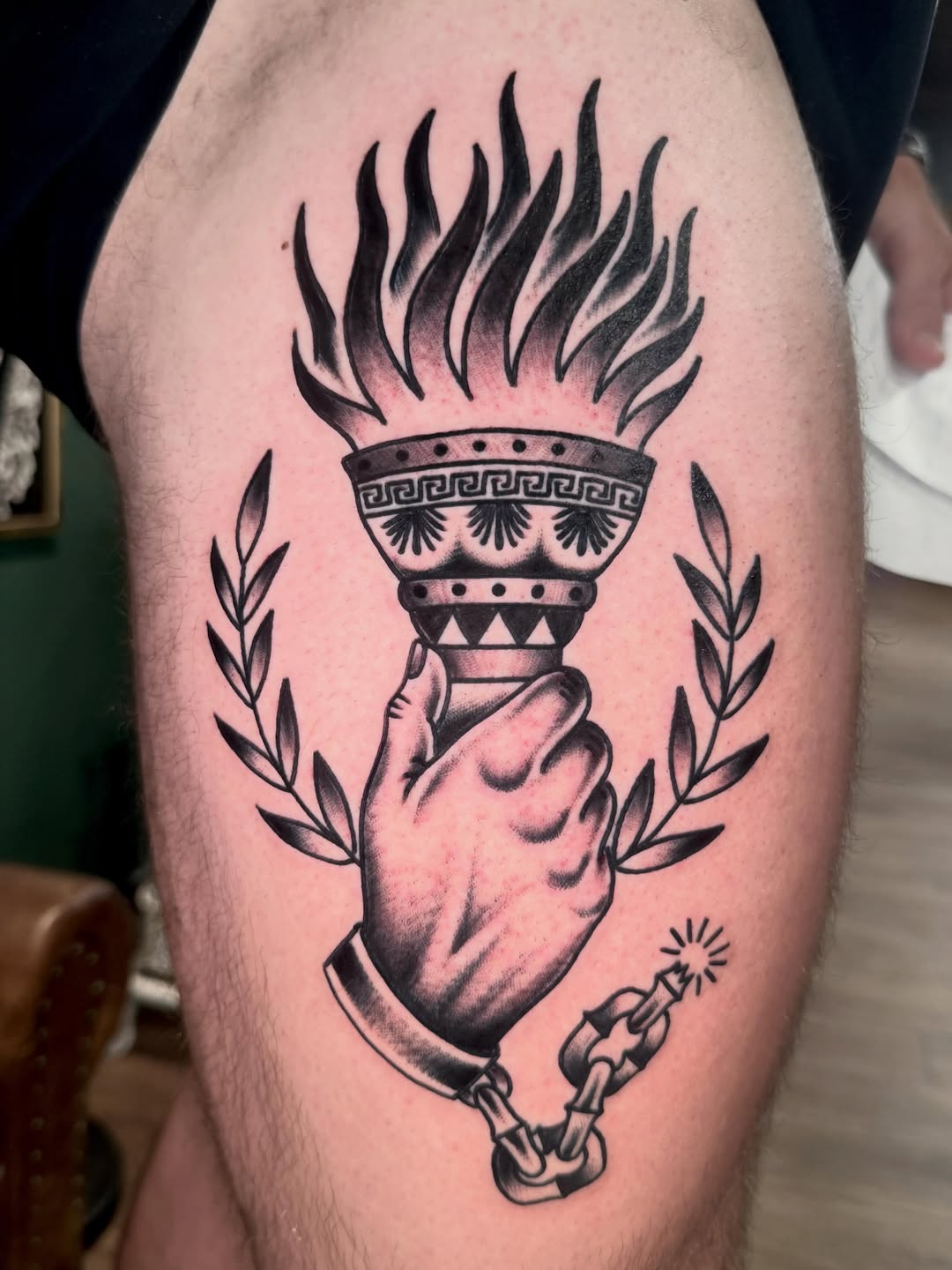 Dark art tattoo on the thigh by Ryan Moraski, Colorado Springs, Colorado