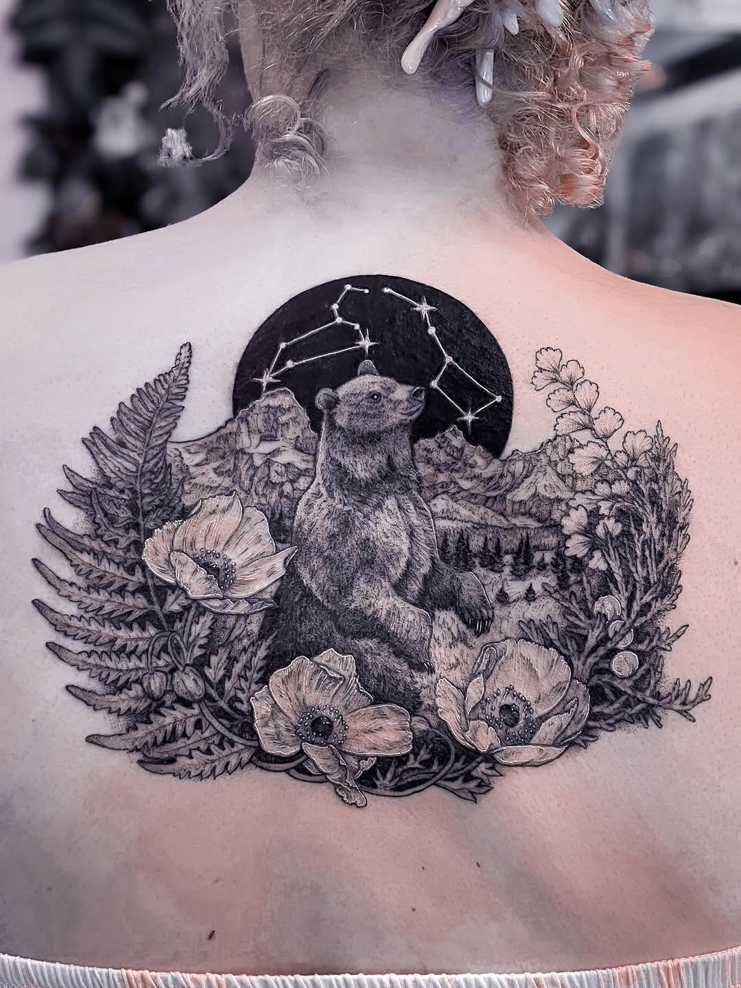 Bear with constellation and flowers fine line tattoo on the back by 𝗝𝗲𝘀𝘀𝗶𝗲 𝗩𝗶𝗼𝗹𝗲𝘁