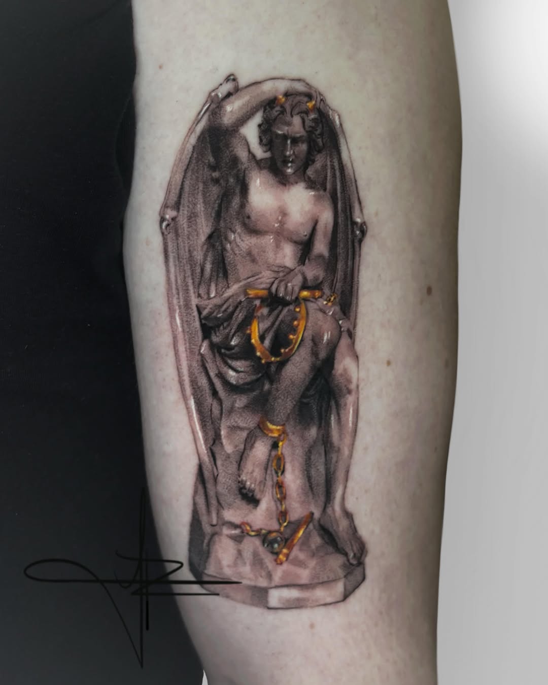 Fallen angel statue realism tattoo on the forearm by Jazz