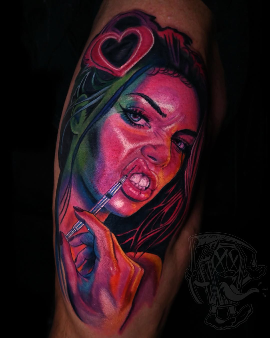 Woman with syringe neo-traditional tattoo on the forearm by William Pollock