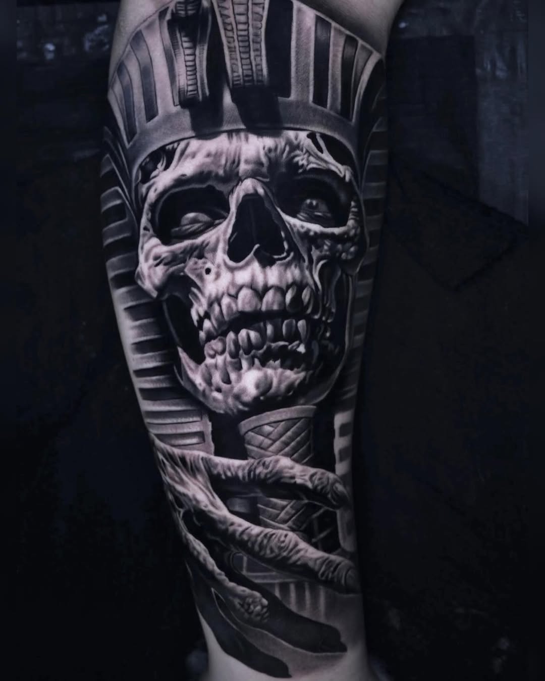 Pharaoh skull realism tattoo on the forearm by Sadier Alfonso
