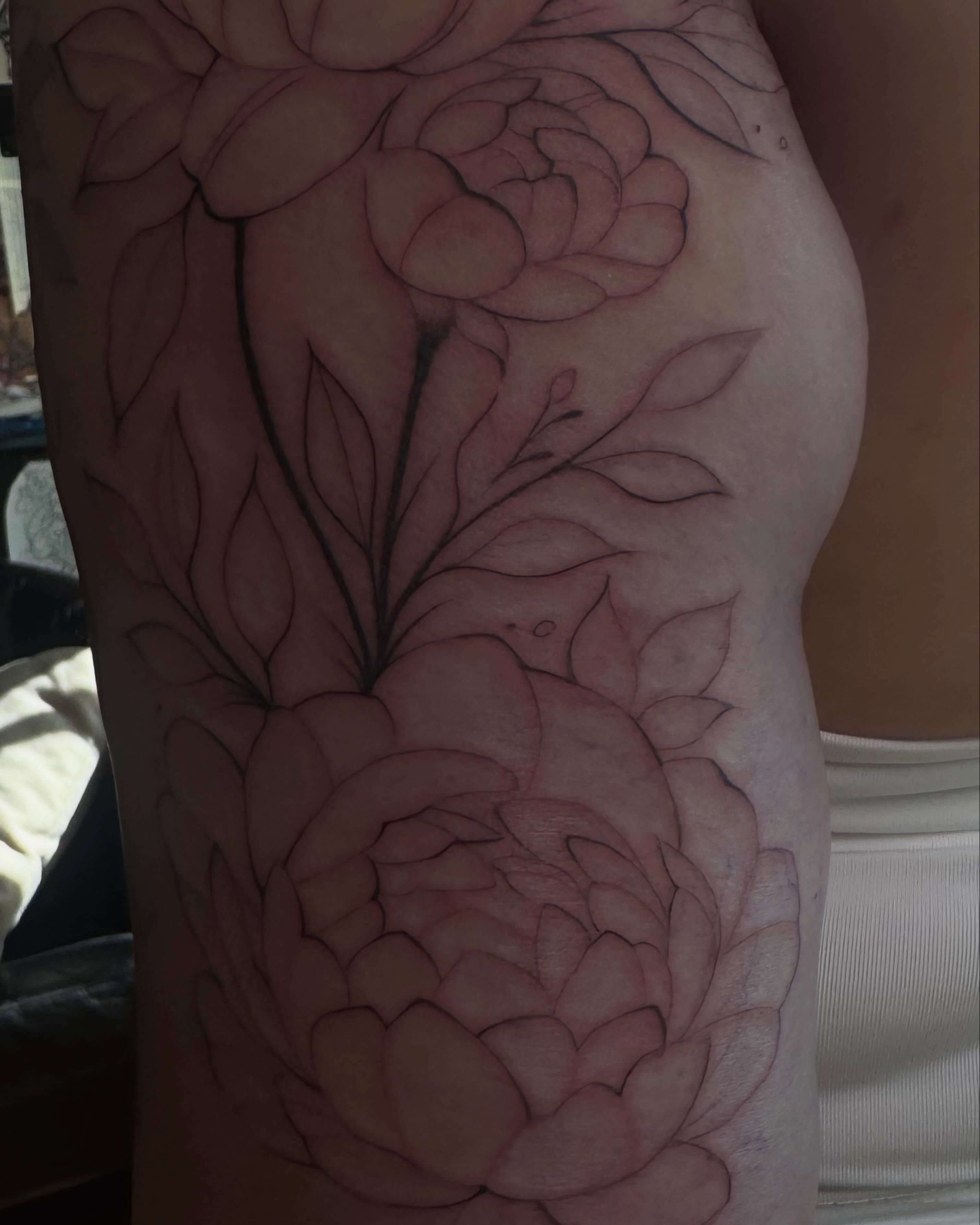 Peony flowers black and grey tattoo on the forearm by Tattoo, San Diego, California