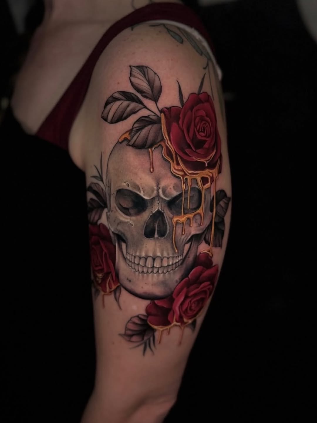 Skull with roses and dripping gold neo-traditional tattoo on the forearm by Mel K Lockett - Nashville Tattoo Artist