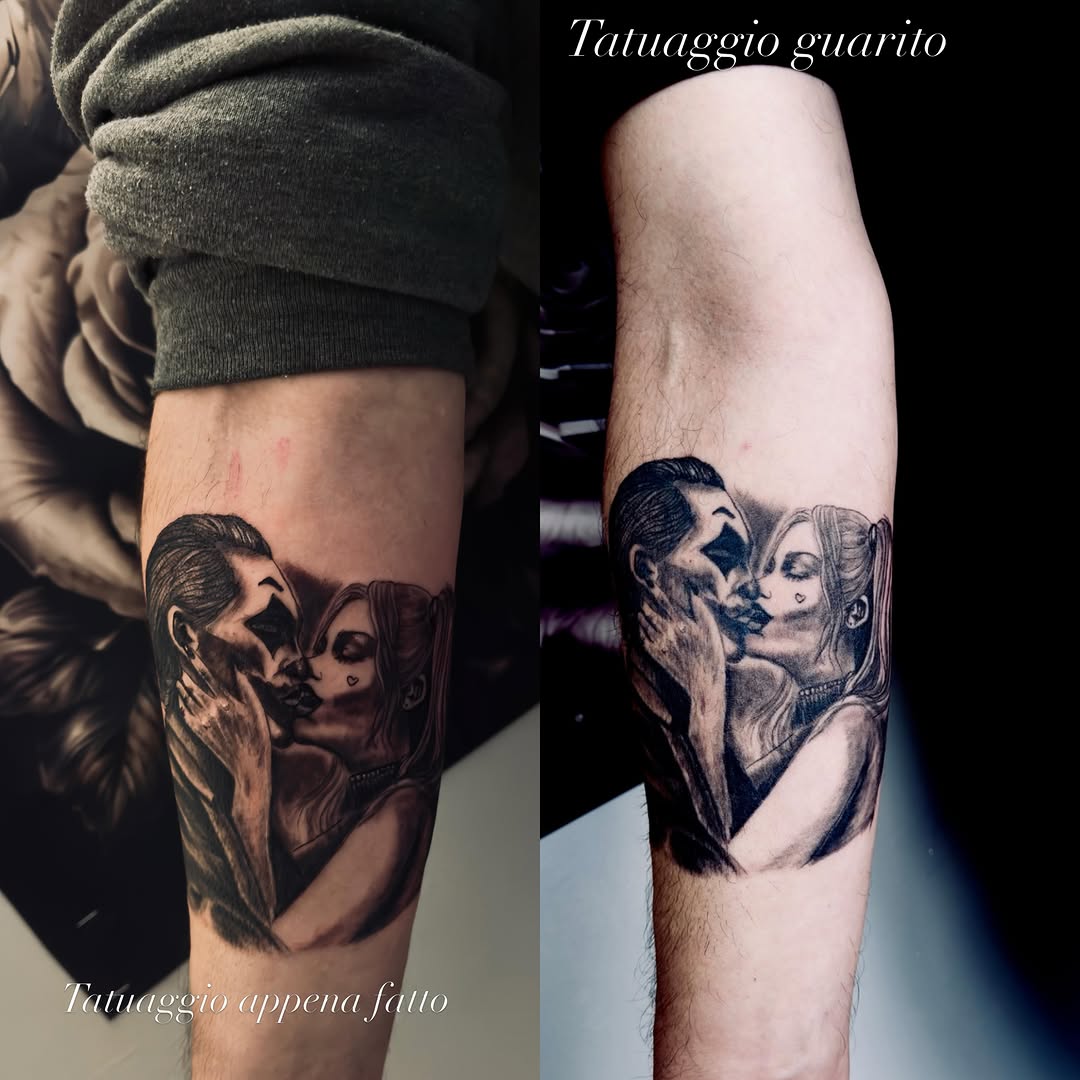 Joker and Harley Quinn kissing realism tattoo on the forearm by Salvador Mendoza, Sesto San Giovanni