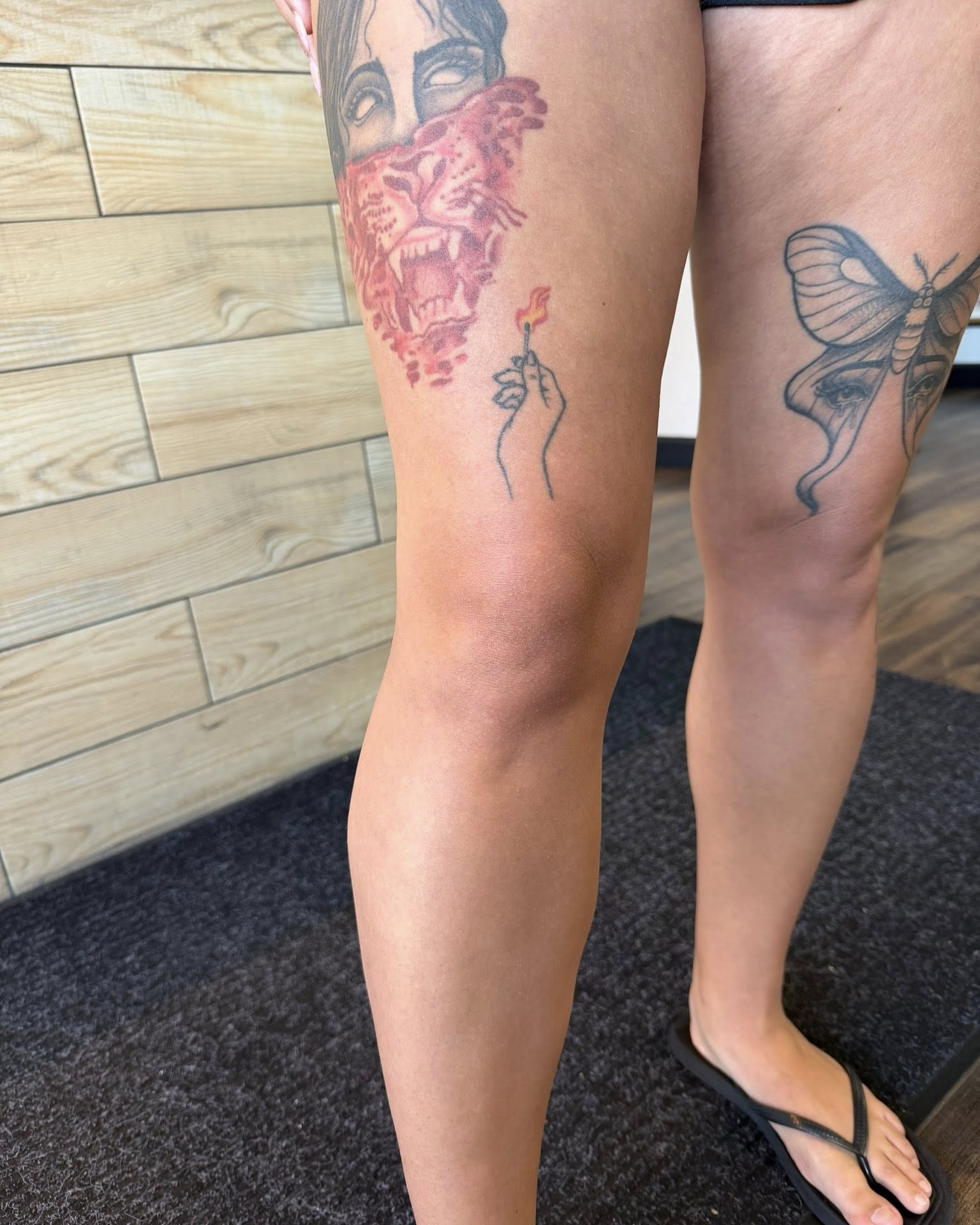 Lion head American traditional tattoo on the leg by Chad Meado